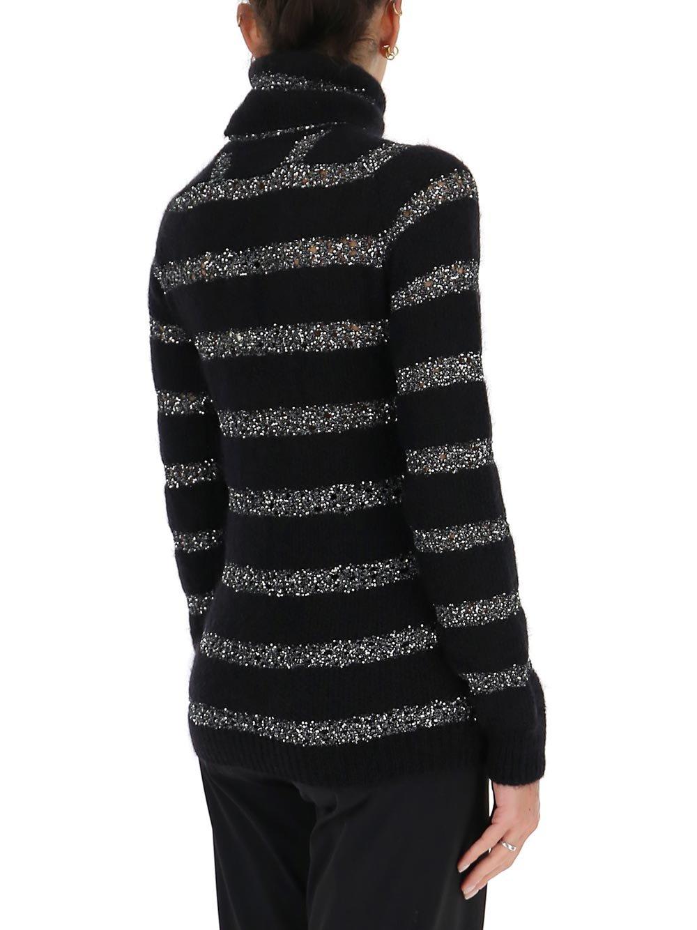 Shop Saint Laurent Striped Lurex Turtleneck Sweater In Black