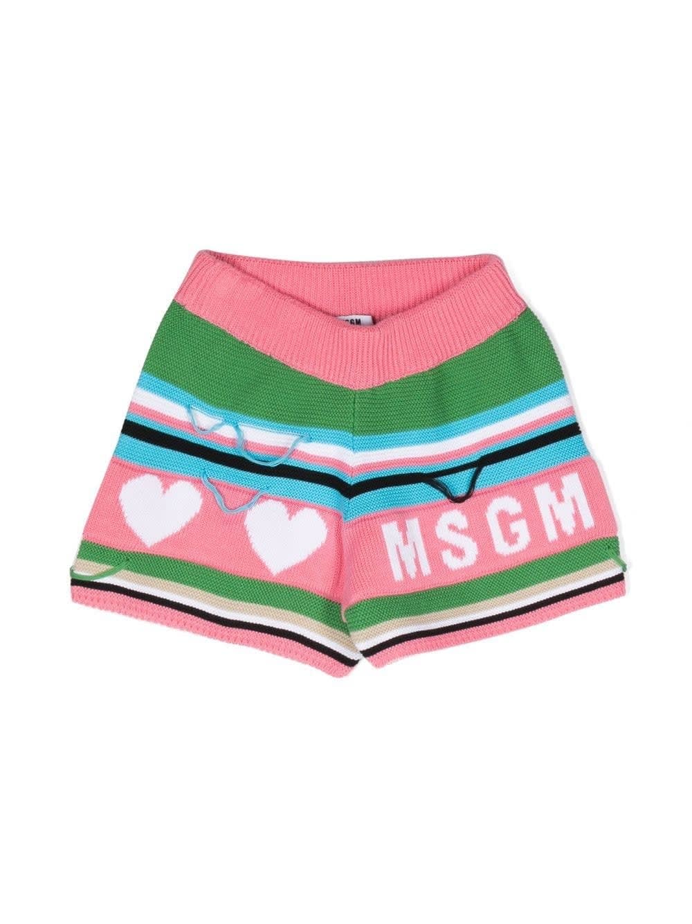 MSGM PINK SHORTS WITH LOGO AND MULTICOLOURED STRIPES