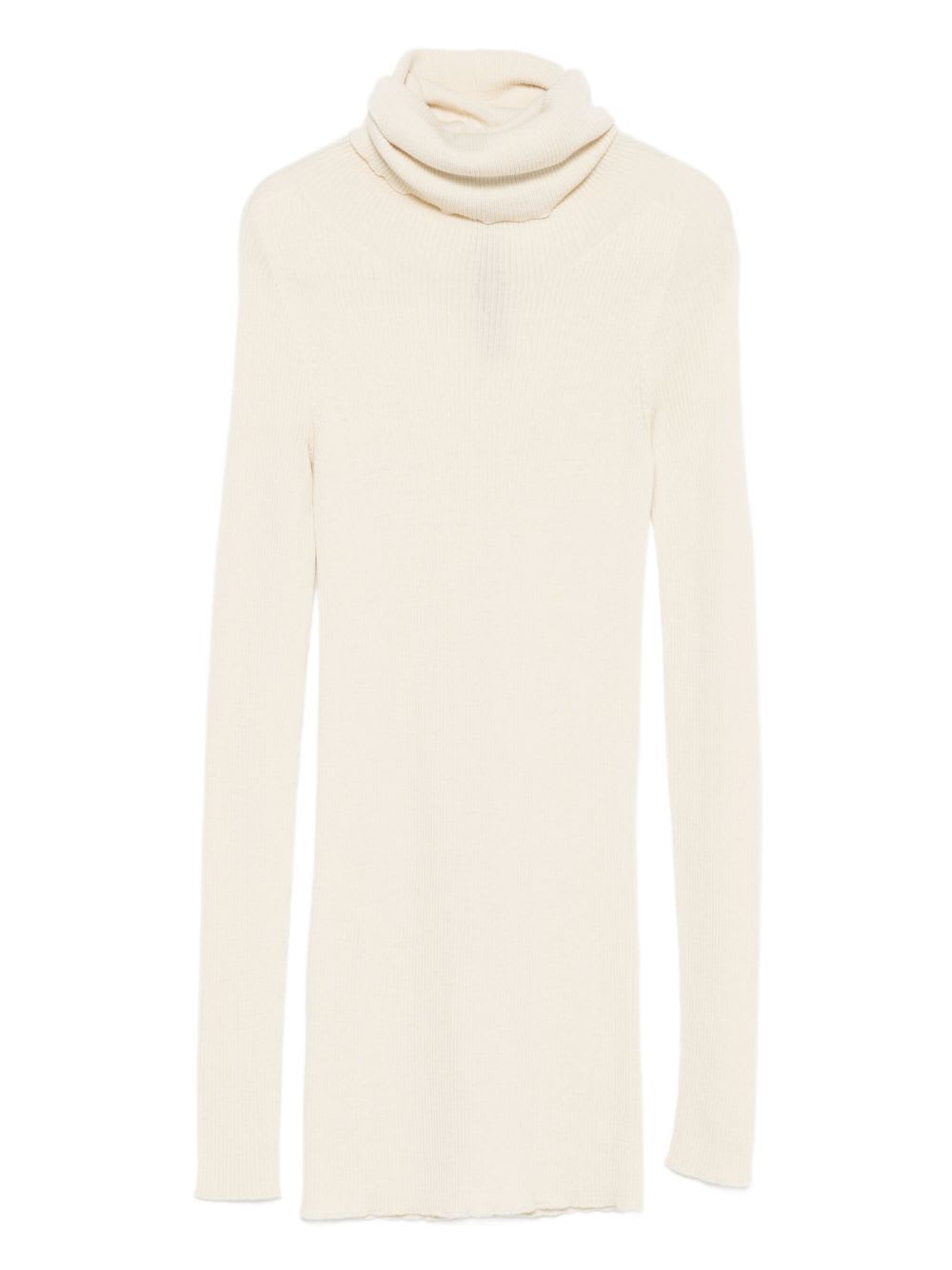 Rick Owens Ribbed Wool Turtleneck Sweater With Seam Detail In Neutral