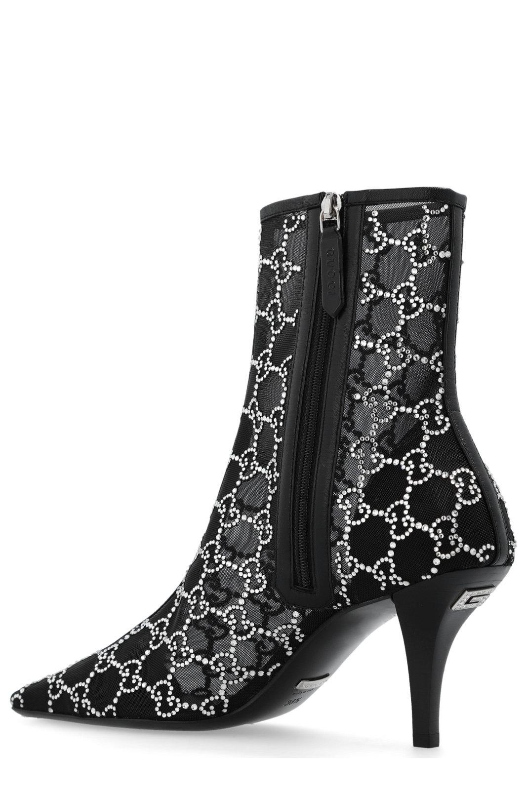 Shop Gucci Gg Crystals-embellished Pointed-toe Ankle Boots In Black