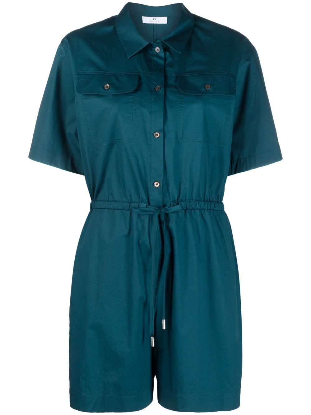 Paul Smith Short Sleeve Cotton Playsuit With Drawstring Waist In Blue