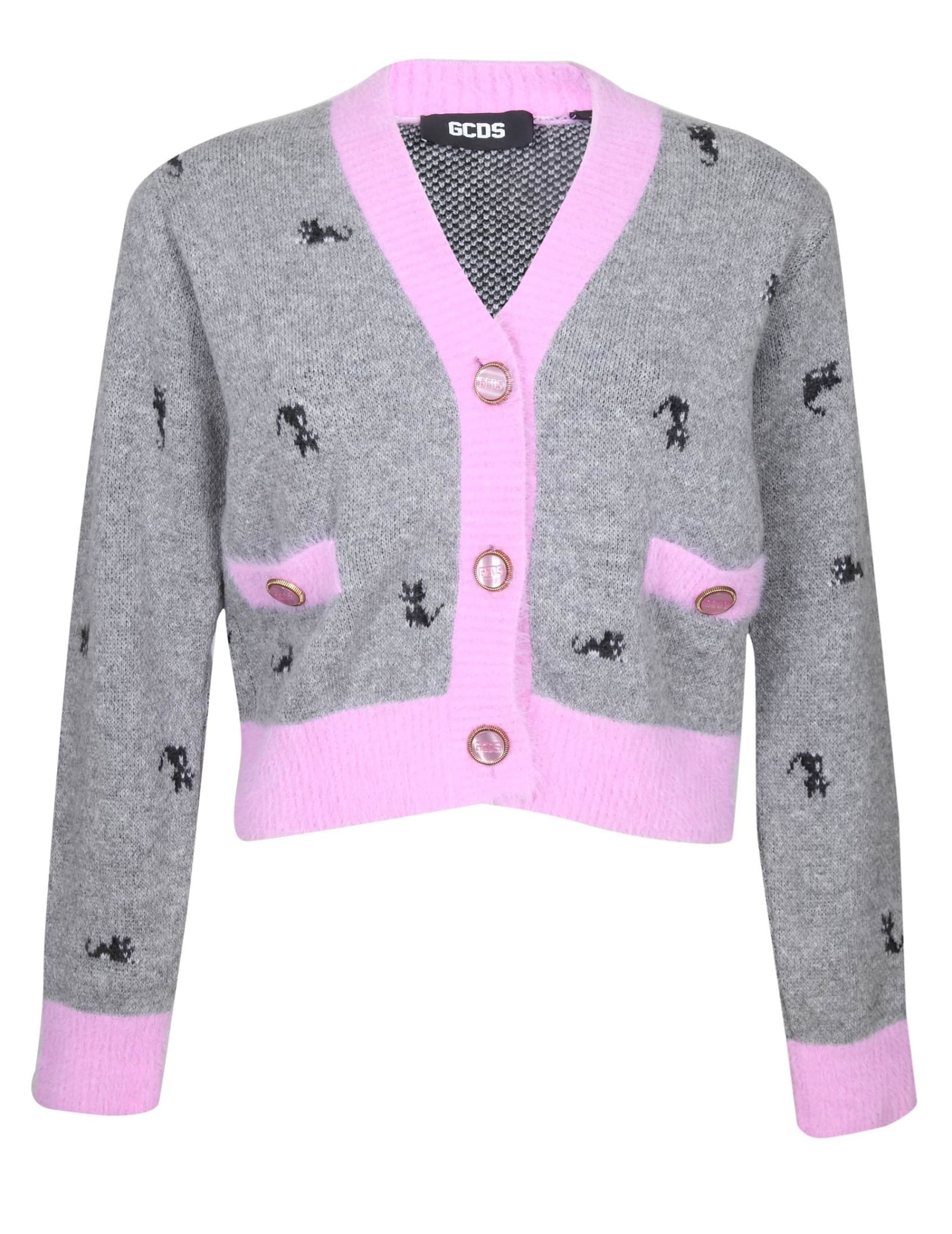 Gcds Kittho Cardigan In Gray And Pink Wool Blend In Grey