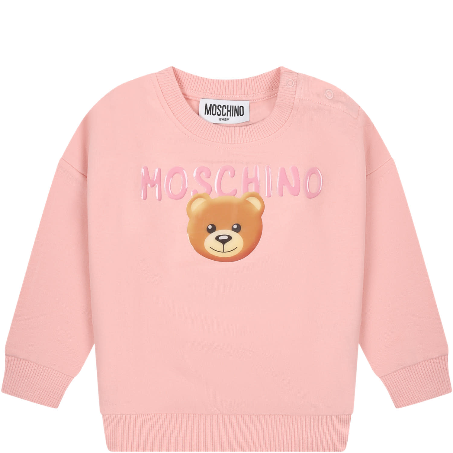 MOSCHINO PINK SWEATSHIRT FOR BABY GIRL WITH TEDDY BEAR AND LOGO