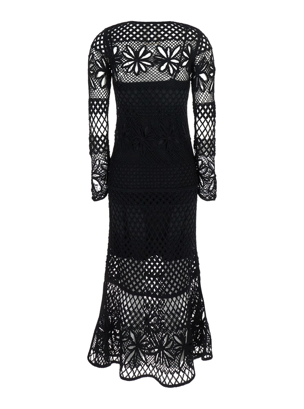 Pinko Ortles Black Crewneck Long Dress With Fishnet Design And All-over Floral Embroidery In Viscose Blend In Nero Limousine