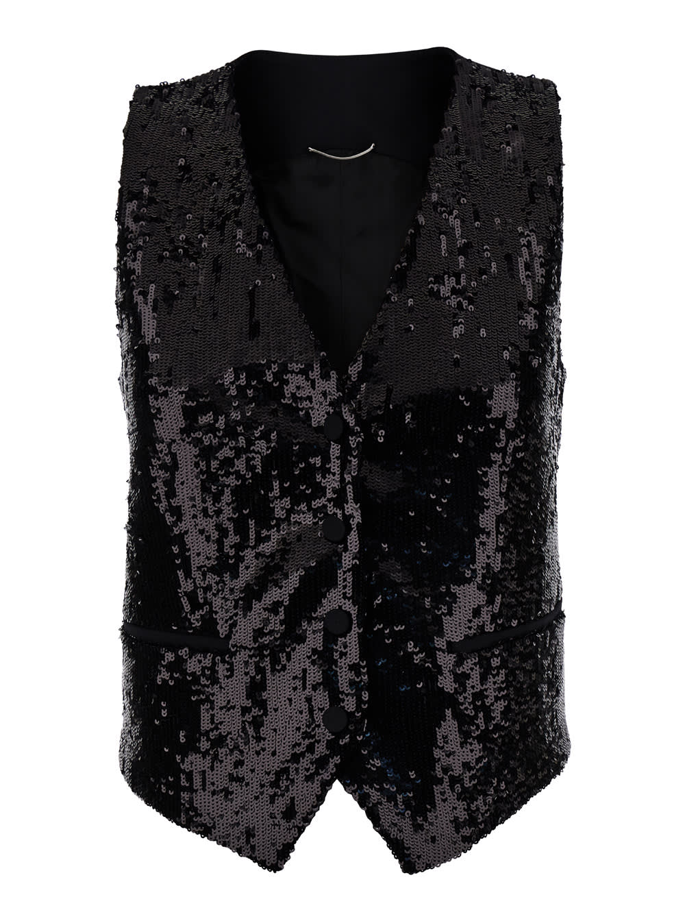 Black Sleeveless Vest With Sequin Embellishments On The Front In Tech Fabric Woman