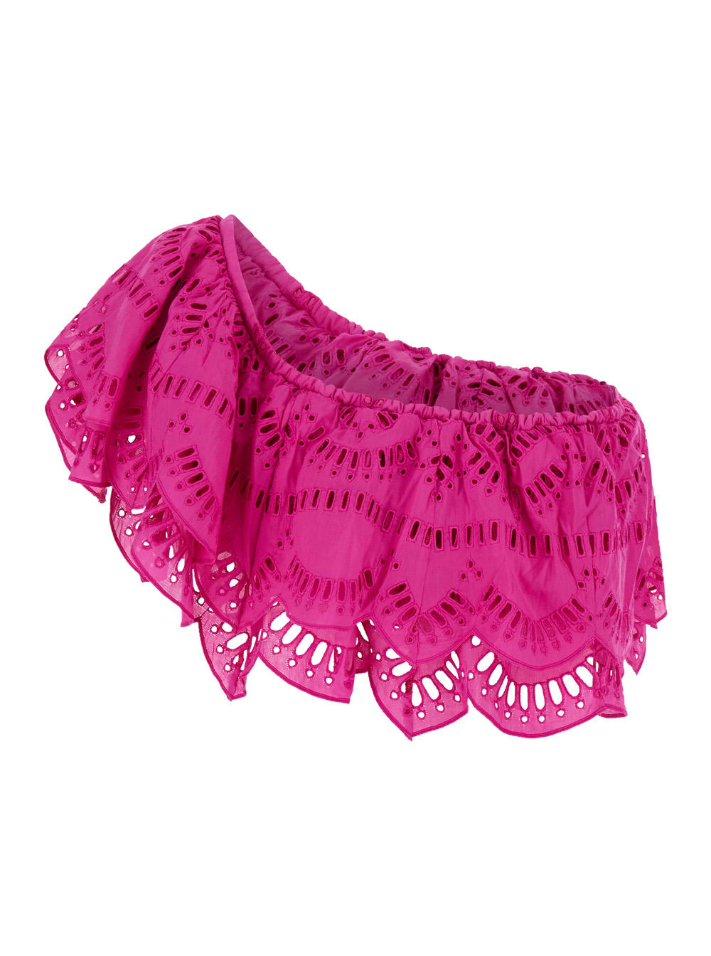 Shop Charo Ruiz Fuchsia One-shoulder Top With Crochet Work In Cotton Blend Woman In Pink