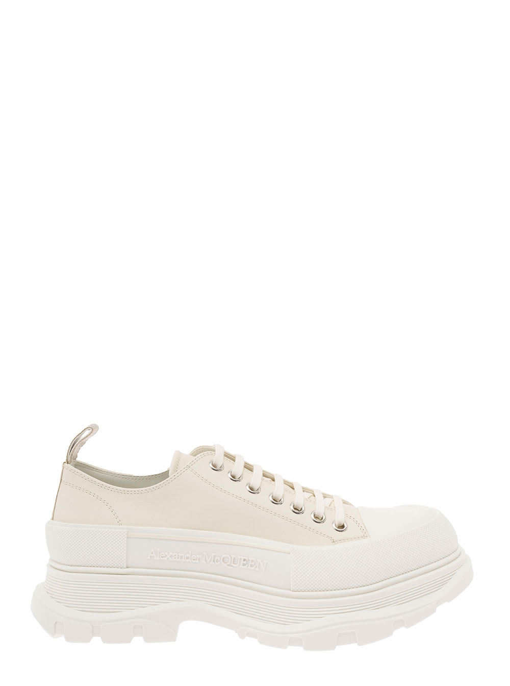 Shop Alexander Mcqueen White And Beige Tread Slick Sneakers In Calf Leather