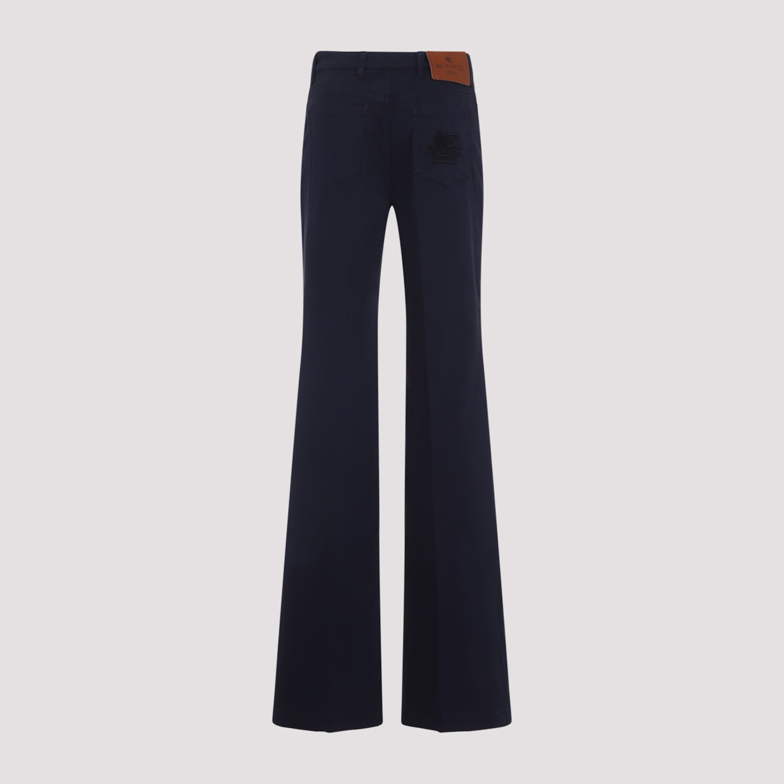 Etro Flared Leg Embroidered Back Pocket Trousers In Blue