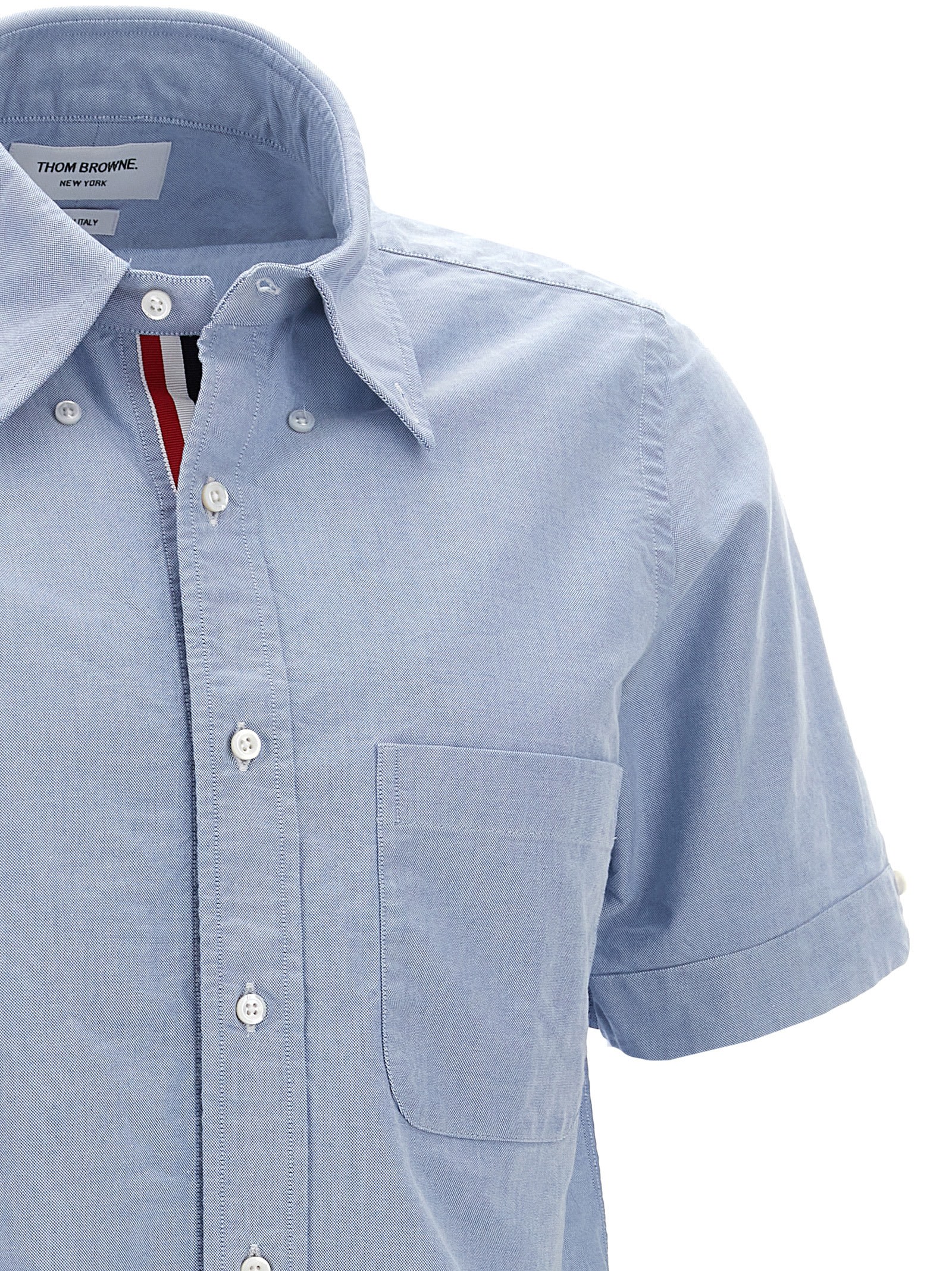 Thom Browne Collared Shirt With Front Pocket And Short Sleeves In Light Blue