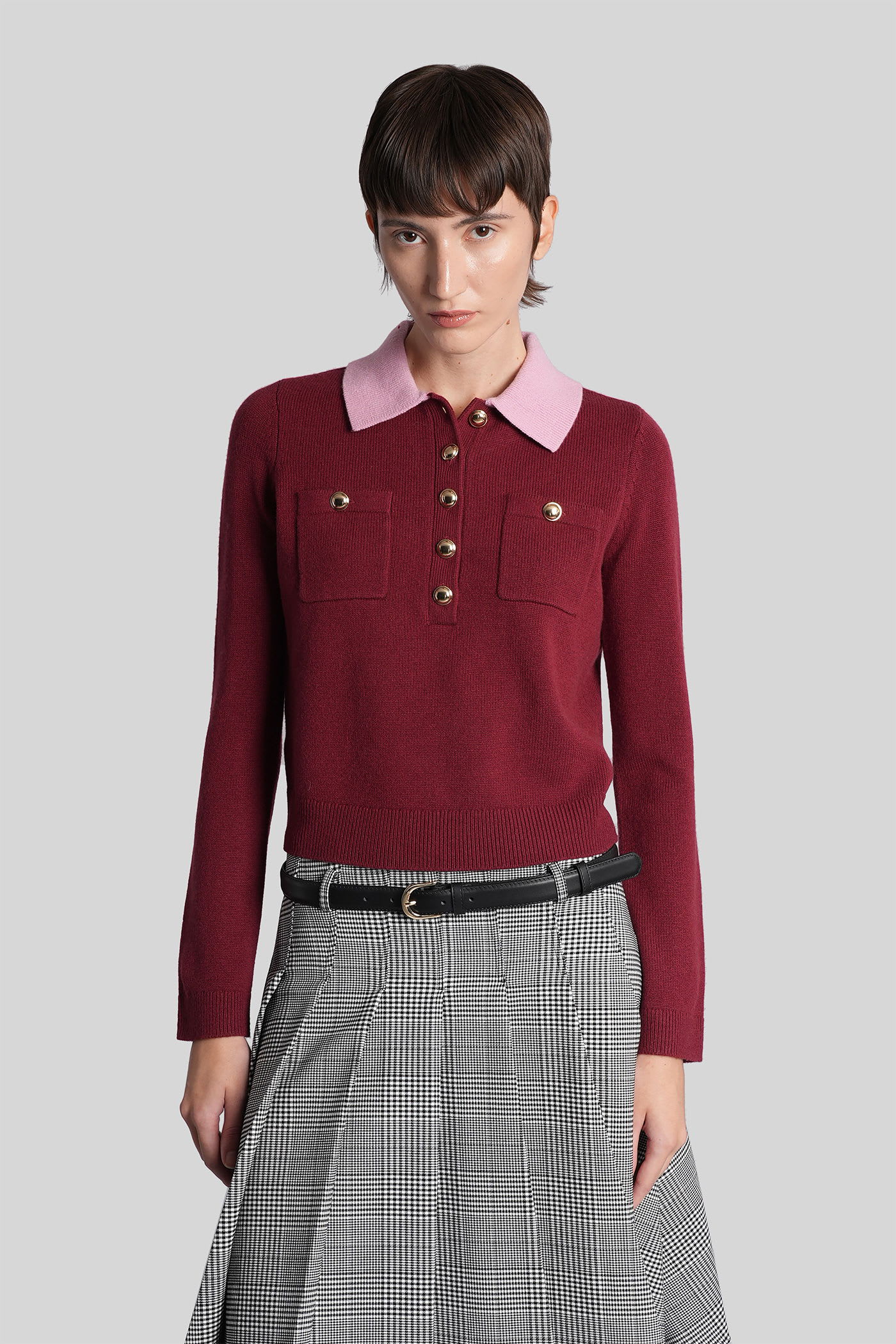 Self-portrait Polo In Bordeaux Wool In Burgundy