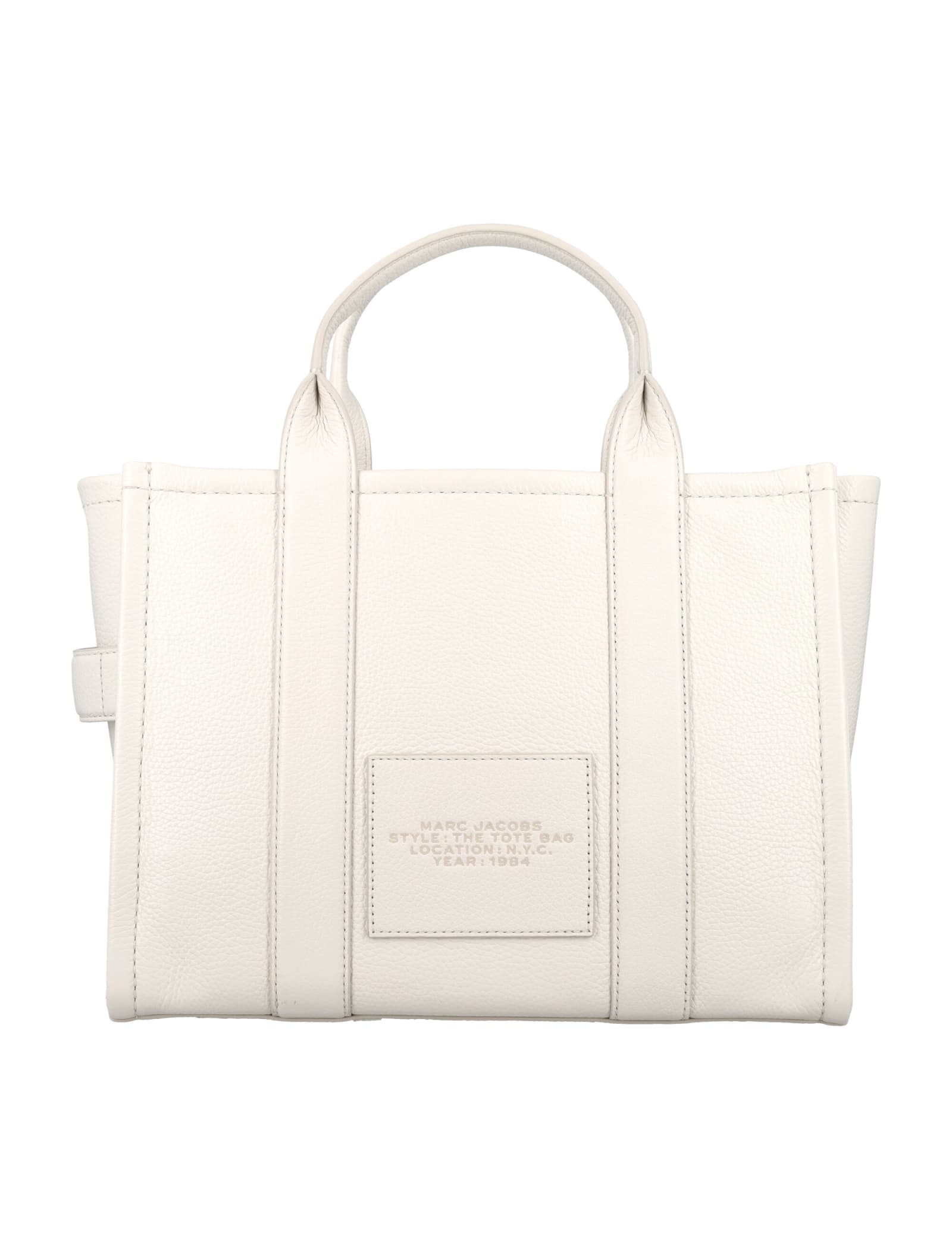 Shop Marc Jacobs The Leather Medium Tote Bag In Cotton Silver