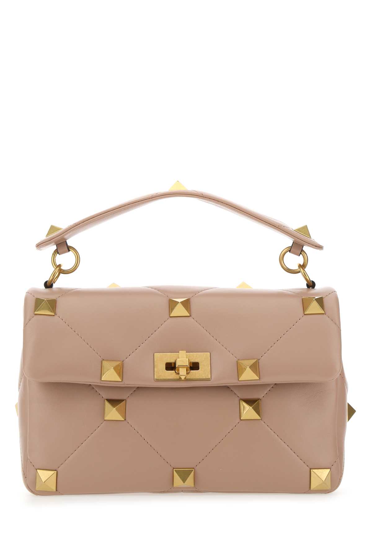 Shop Valentino Powder Pink Nappa Leather Large Roman Stud Handbag In Gf9