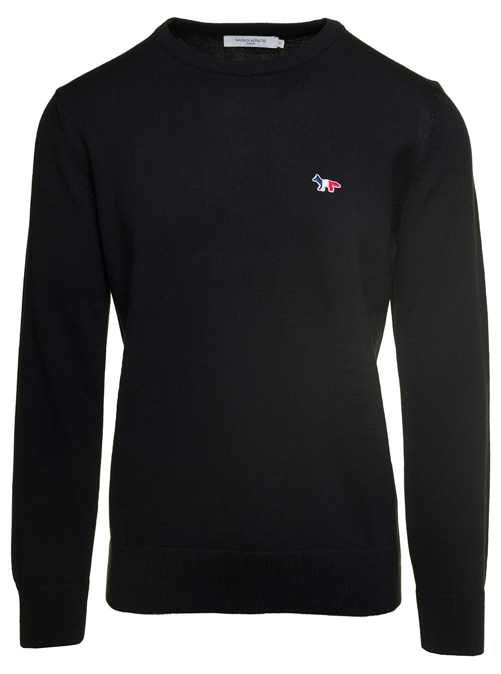 MAISON KITSUNÉ BLACK SWEATER WITH TRICOLOR FOX PATCH IN WOOL MAN