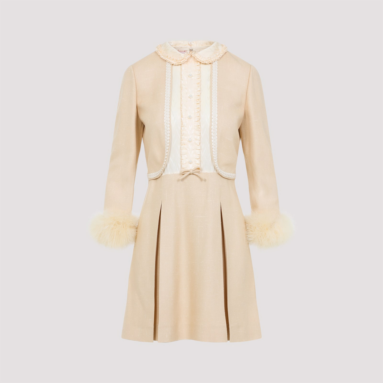 Valentino Nude Viscose-silk Blend Dress With Feather-accented Cuffs In Etf Betulla