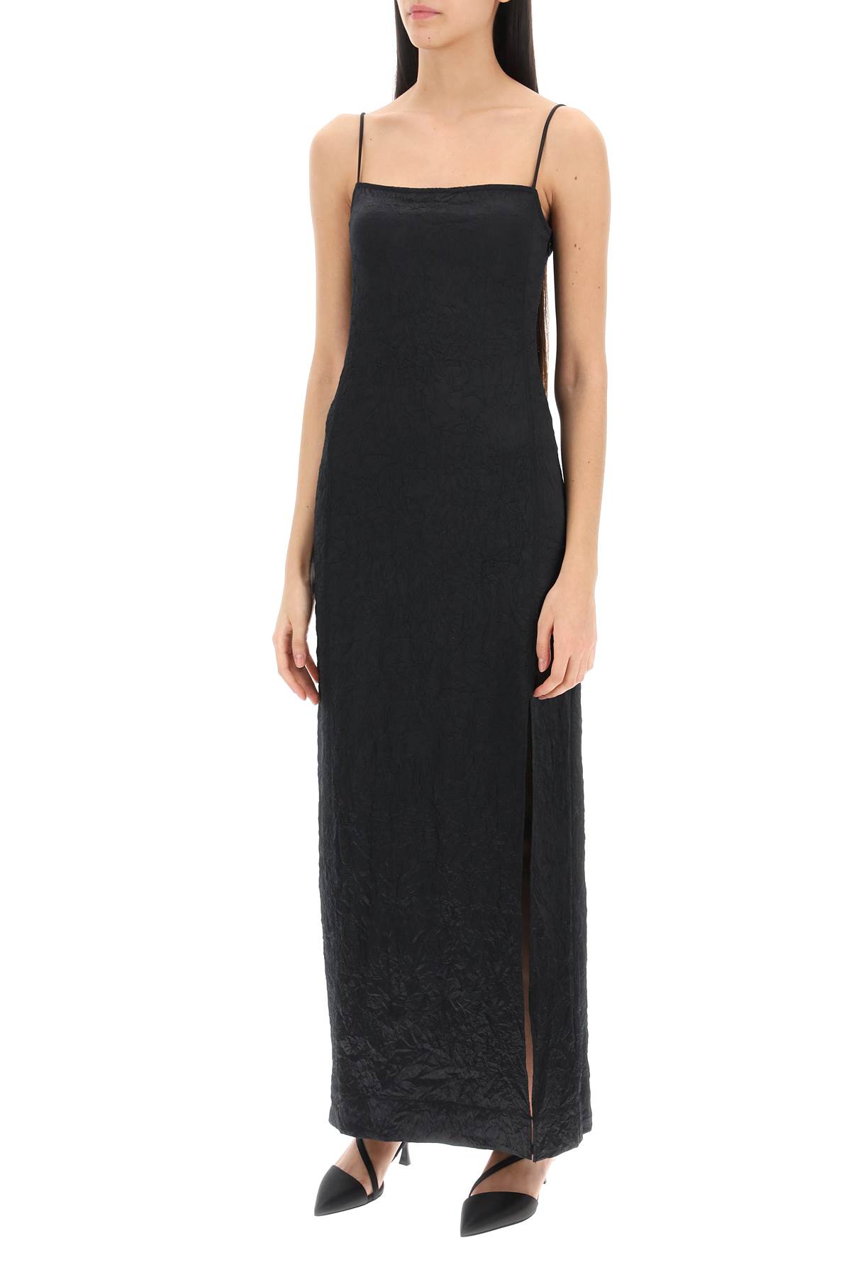 Ganni Crinkled Satin Midi Slip Dress In Black (black)