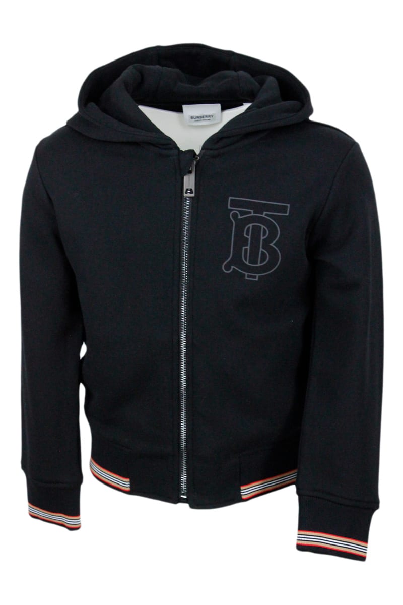 Burberry Sweatshirt With Zip And Hood In Terry-effect Cotton With Check Pattern And Cuffs And Logo On The Chest