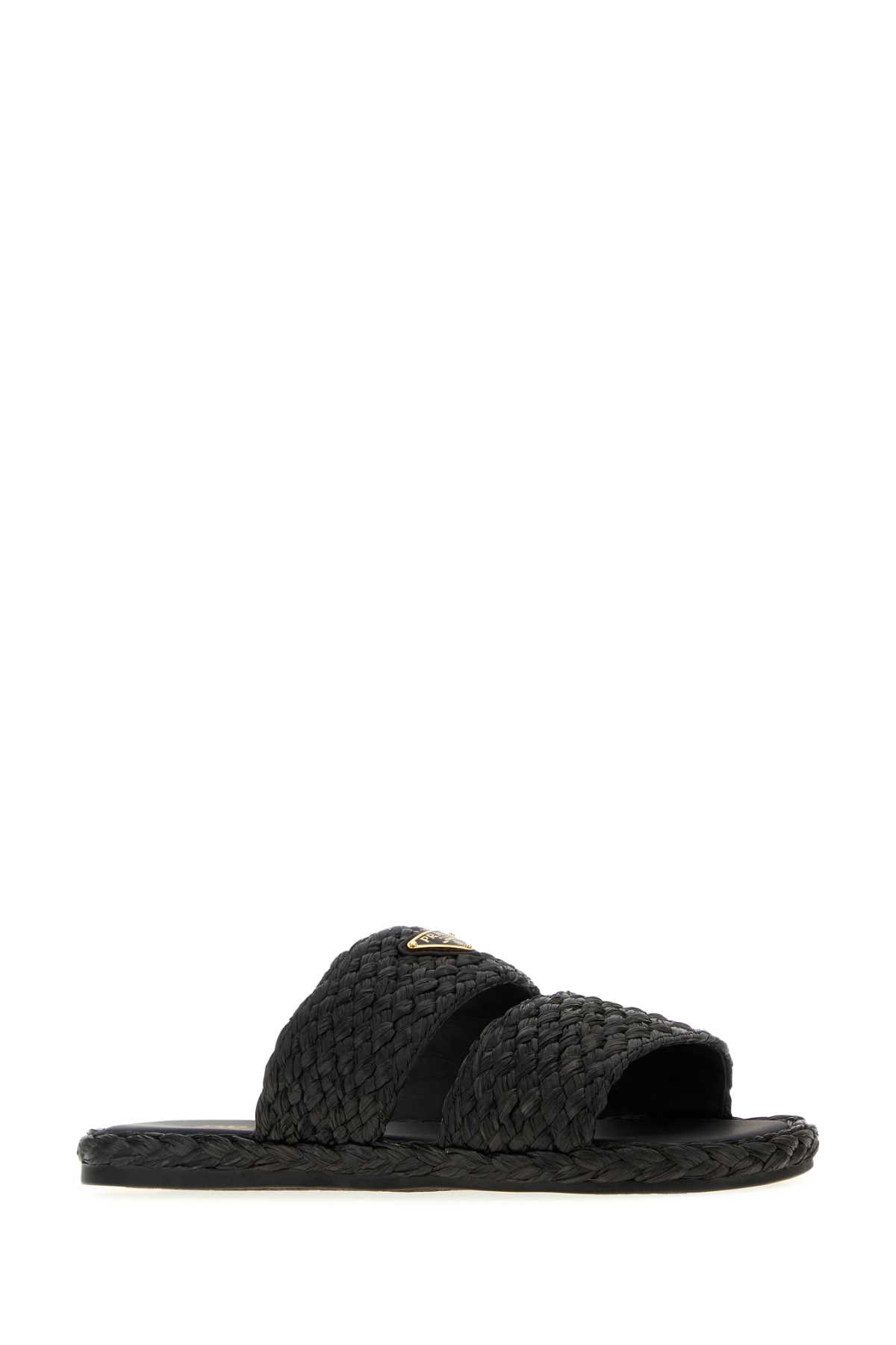 Prada Triangle-logo Open-toe Slides In Black