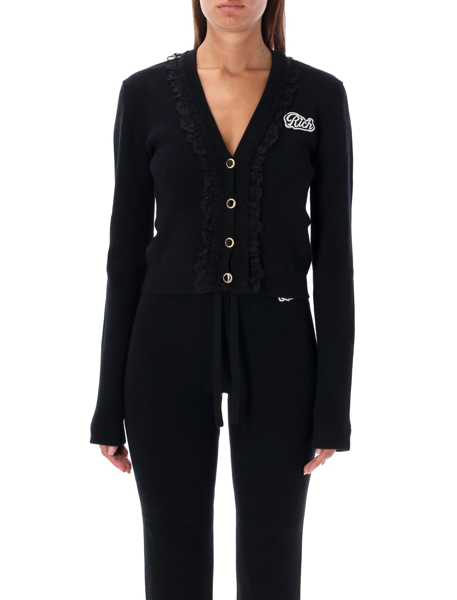 Alessandra Rich Sophisticated V-neck Cardigan With Ruffle Detailing And Cropped Length In Black