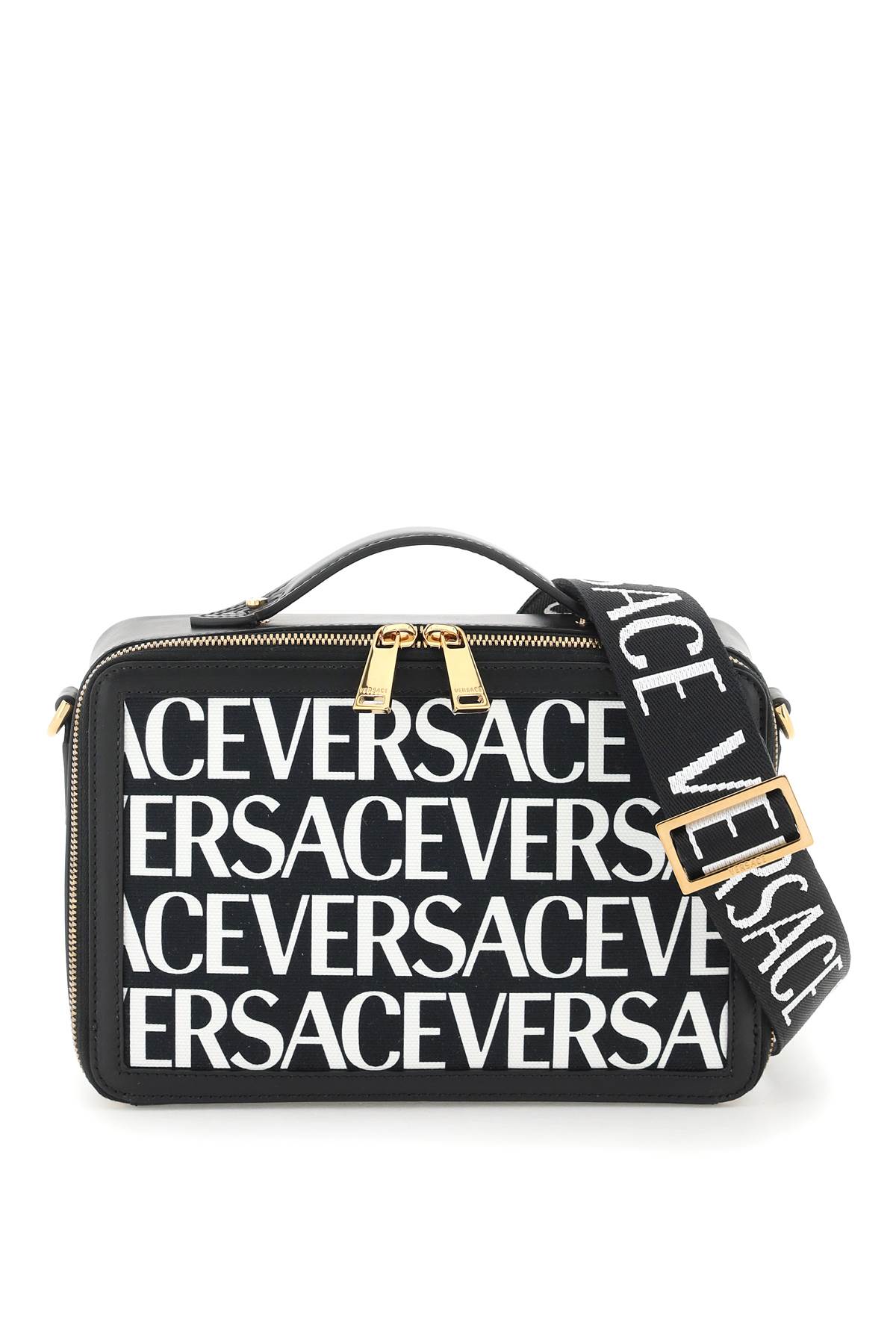 Versace All-over Logo Messenger Bag In Black White  Gold (black)