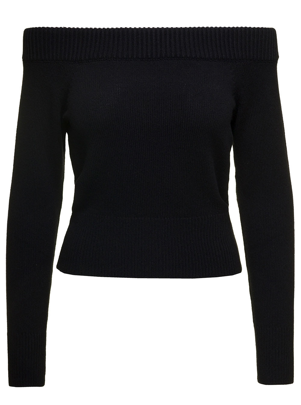 Shop Alexander Mcqueen Black Off-the-shoulders Sweater With Ribbed Trim In Wool And Cashmere Woman