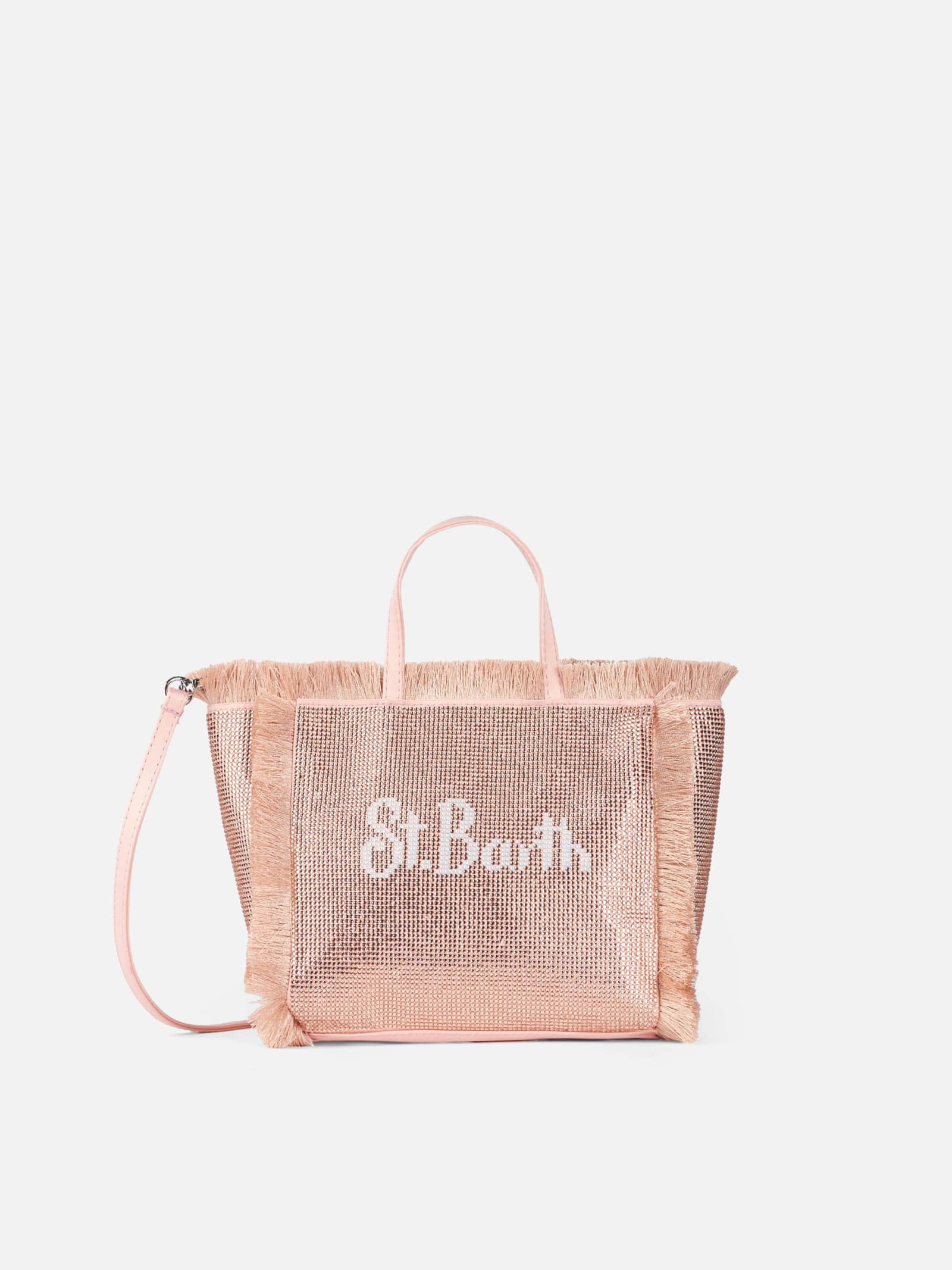 Shop Mc2 Saint Barth Mini Vanity Fringed Bag With Rose Gold Rhinestones In Pink