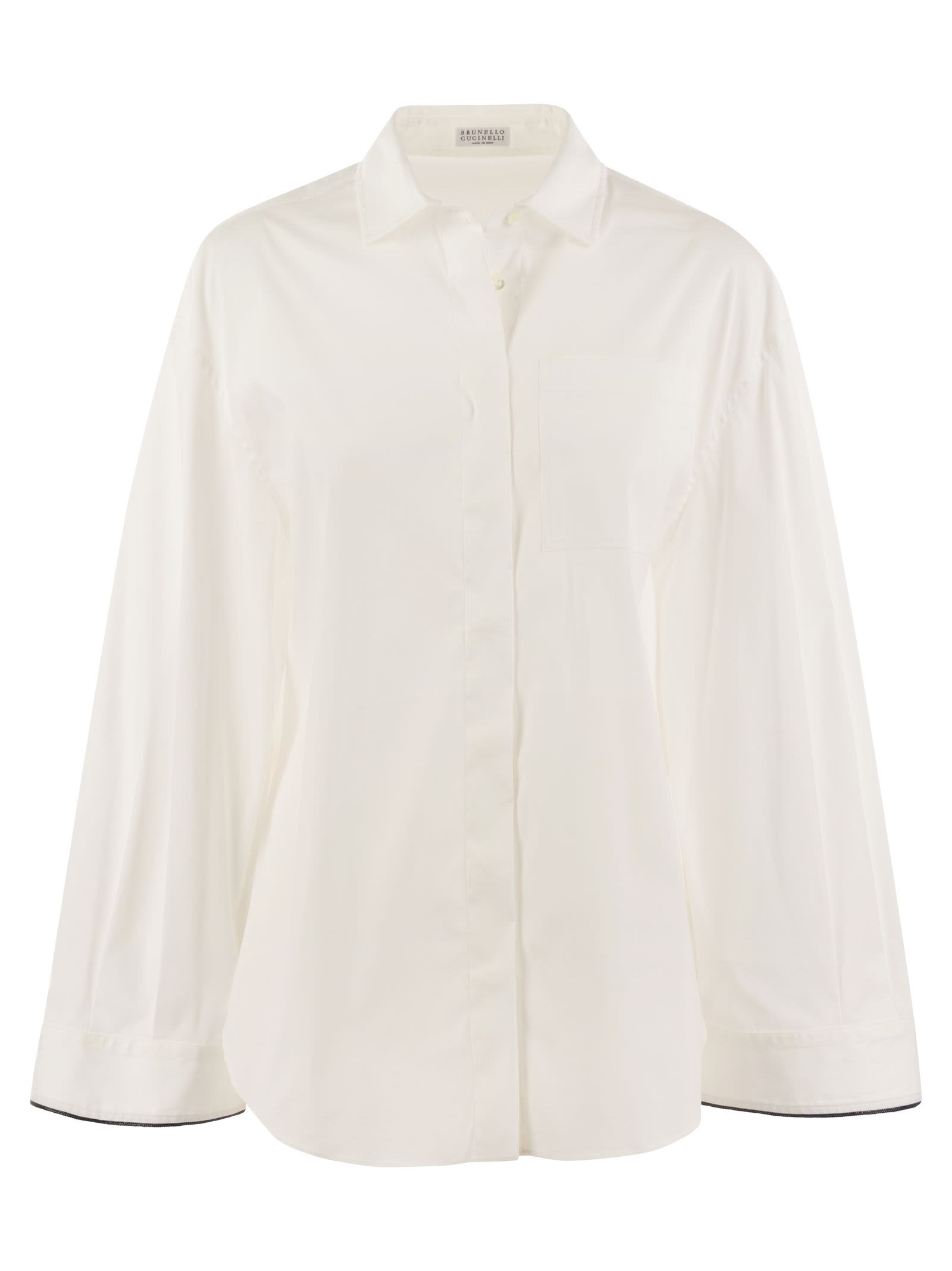 Shop Brunello Cucinelli Stretch Cotton Poplin Shirt With Shiny Cuff Details In White