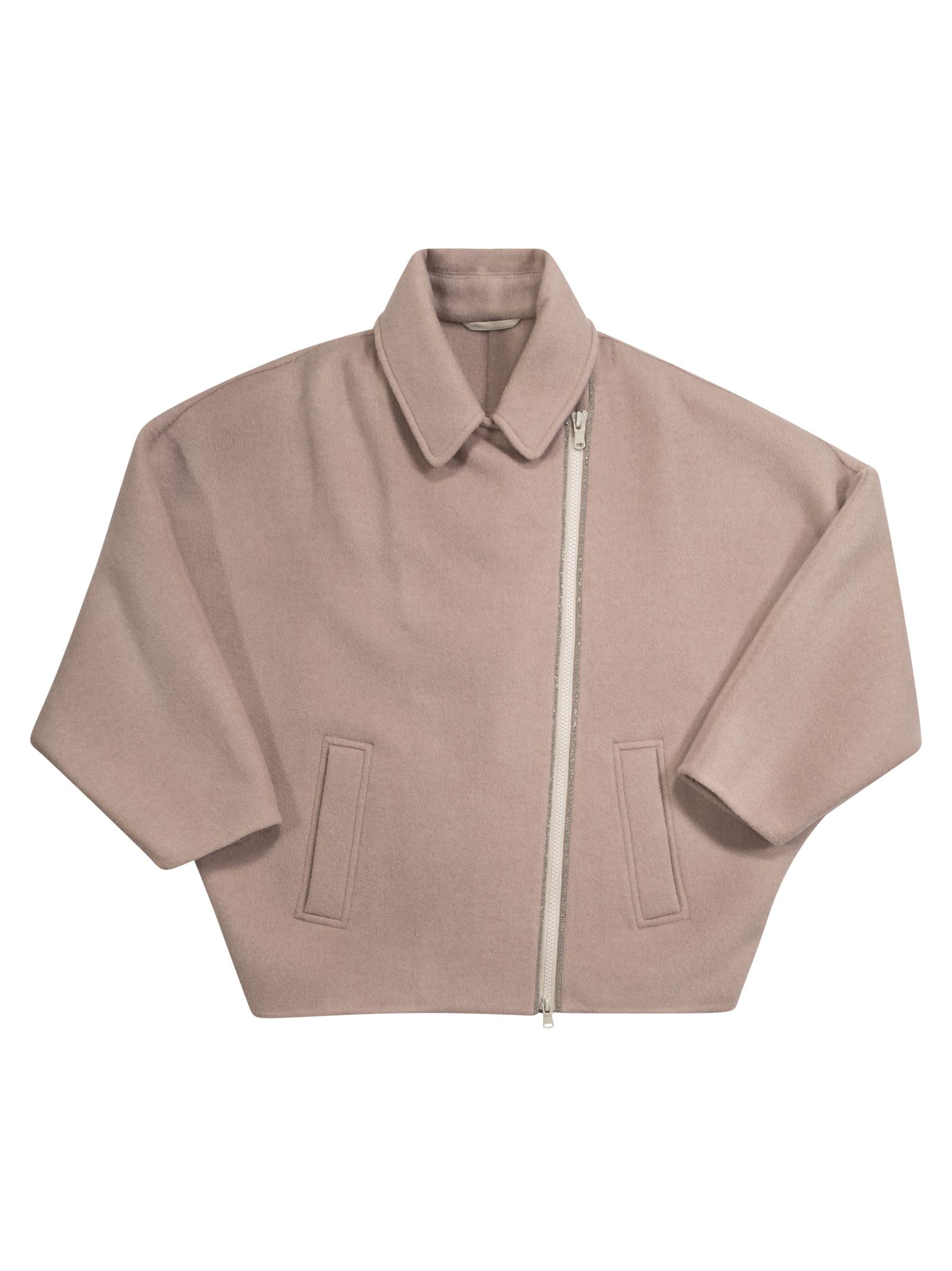 Brunello Cucinelli Kids' Double-breasted Coat In Virgin Wool And Cashmere Cloth With Jewellery In Neutral