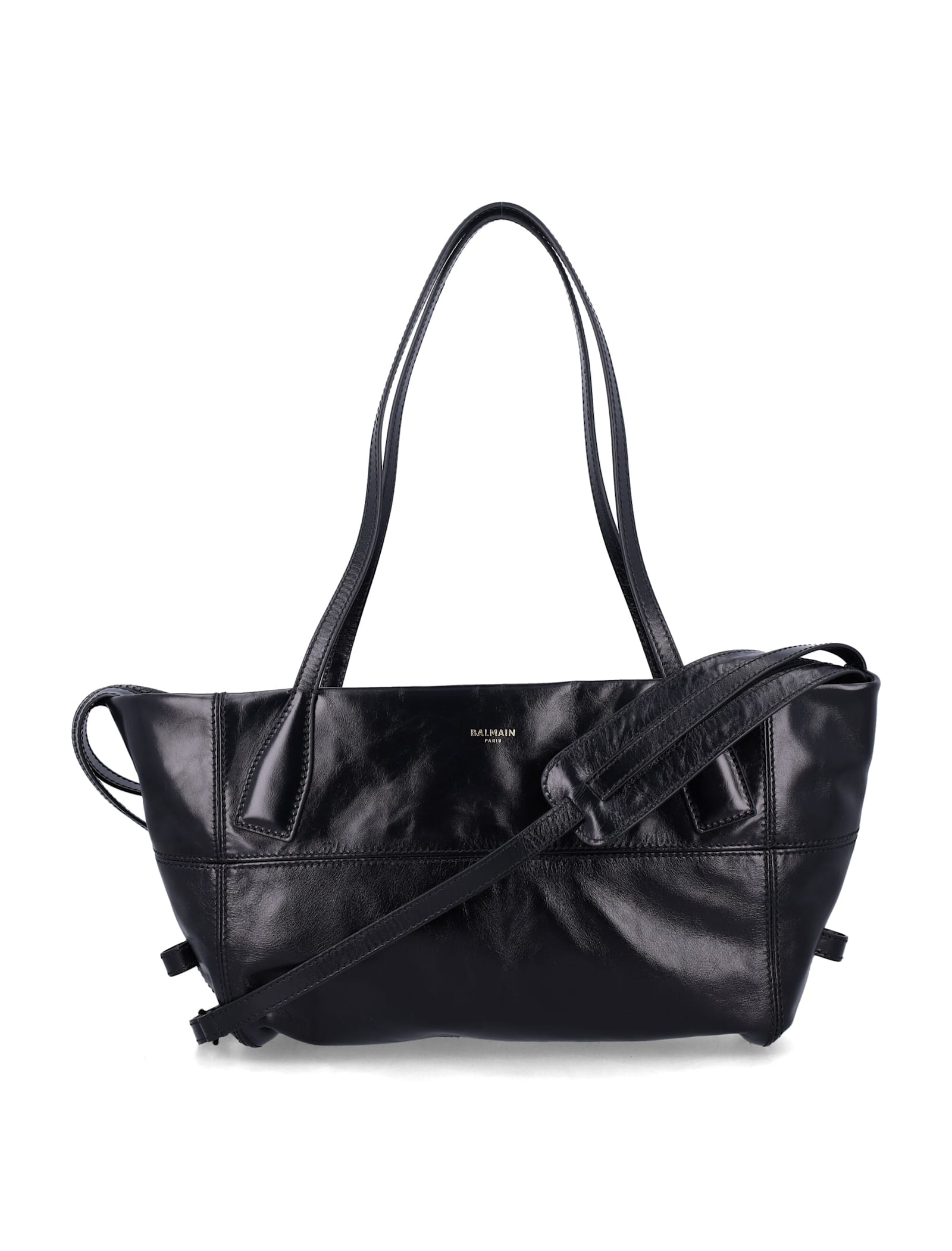Balmain Black Leather Shopper Bag With Shoulder Strap In Black