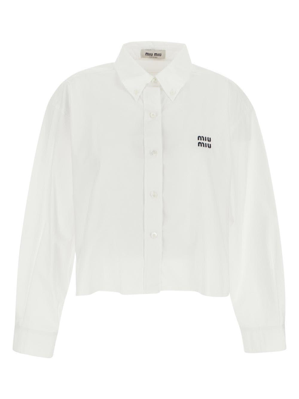 Miu Miu Cropped Long Sleeve Shirt With Point Collar In White