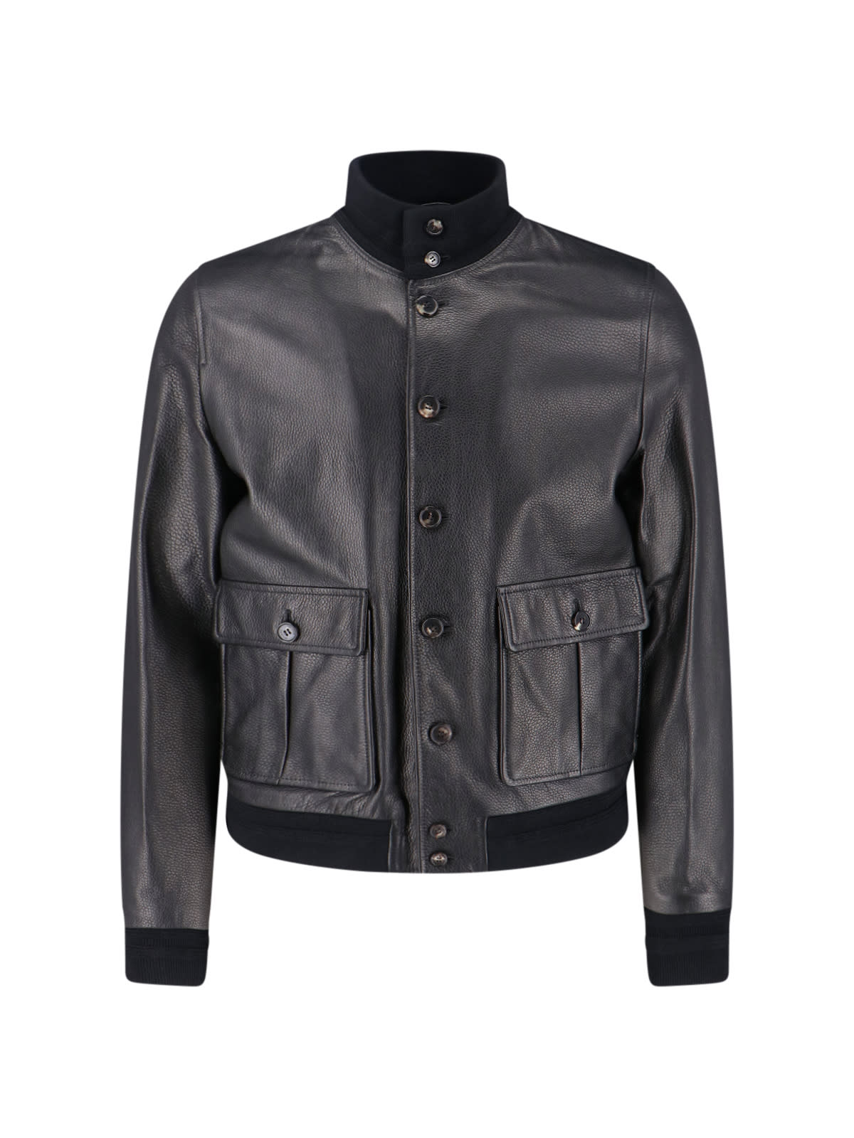 Valstar Textured Black Leather Jacket With Cashmere Ribbed Collar In Black
