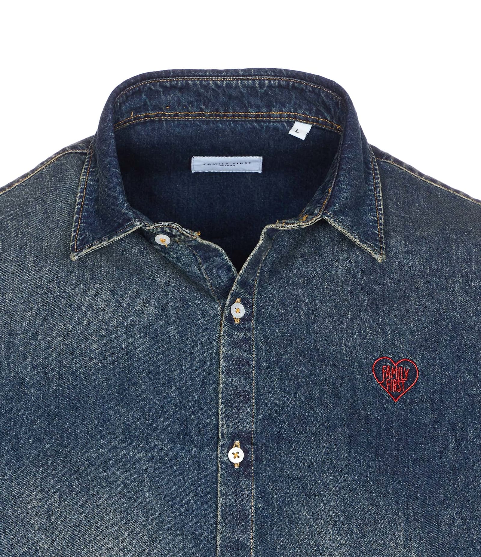Family First Embroidered-heart Denim Shirt In Blue