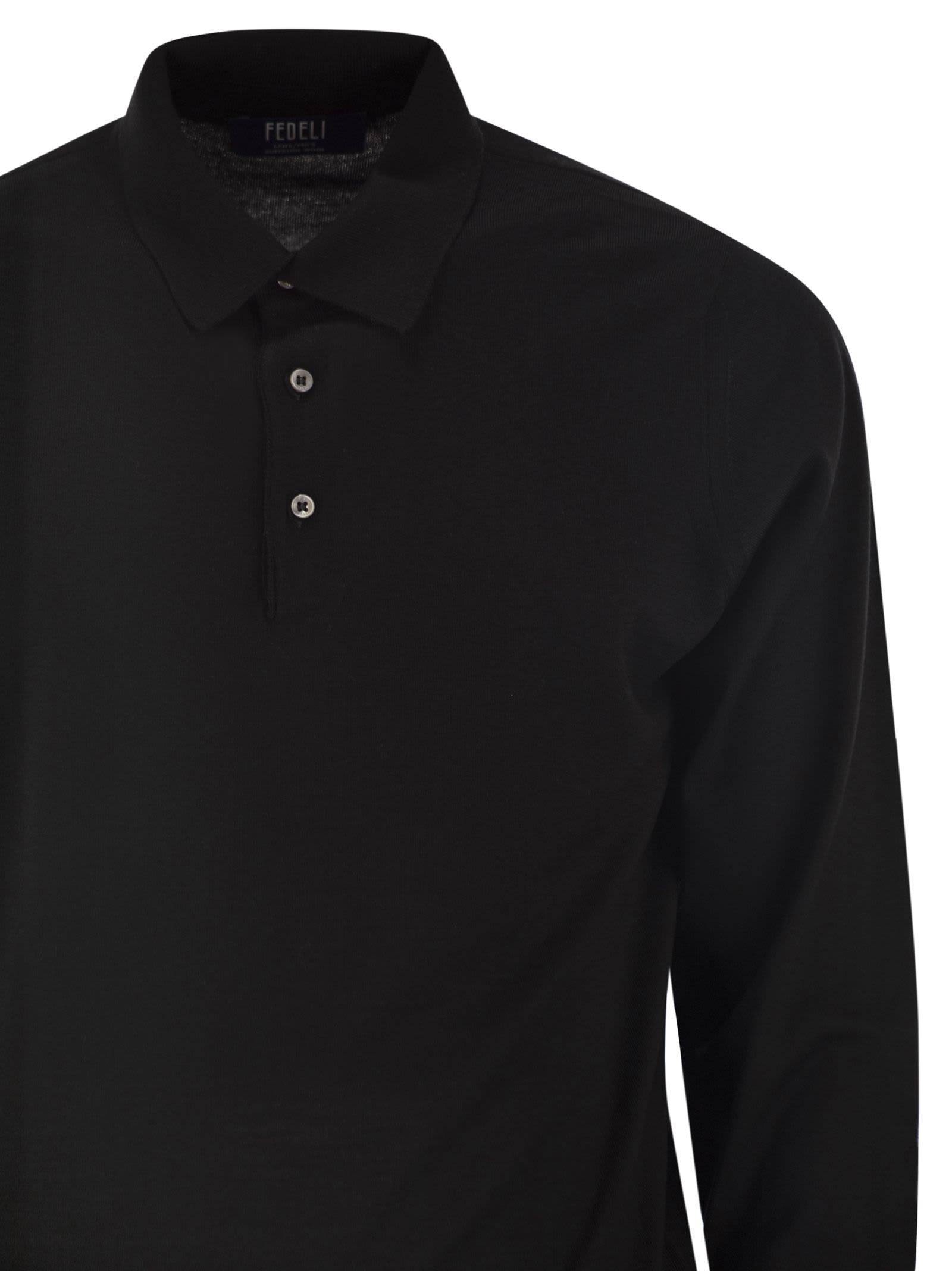 Fedeli Three-button Virgin Wool Polo Shirt In Black