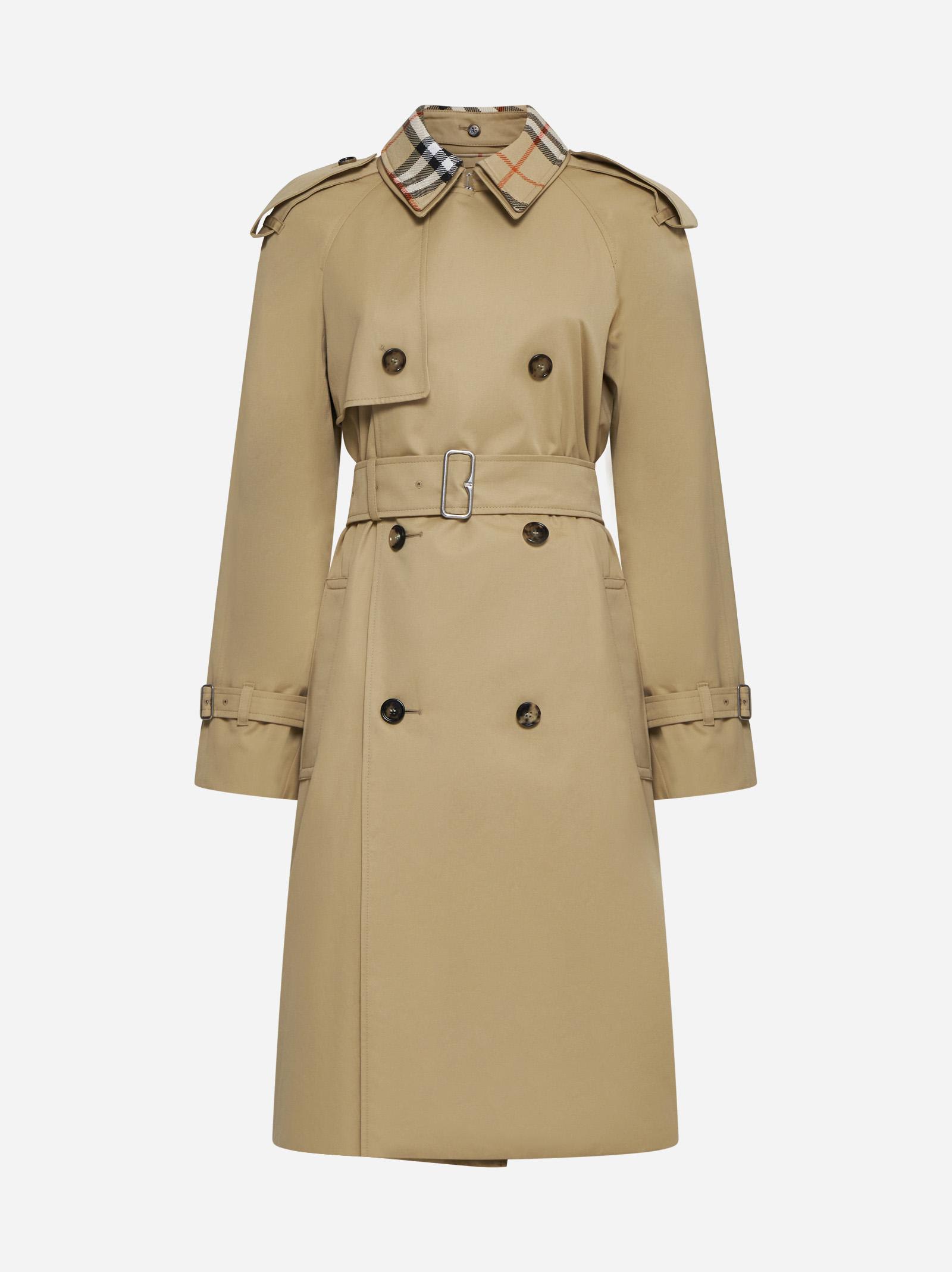 Shop Burberry Cotton Double-breasted Long Trench Coat In Beige