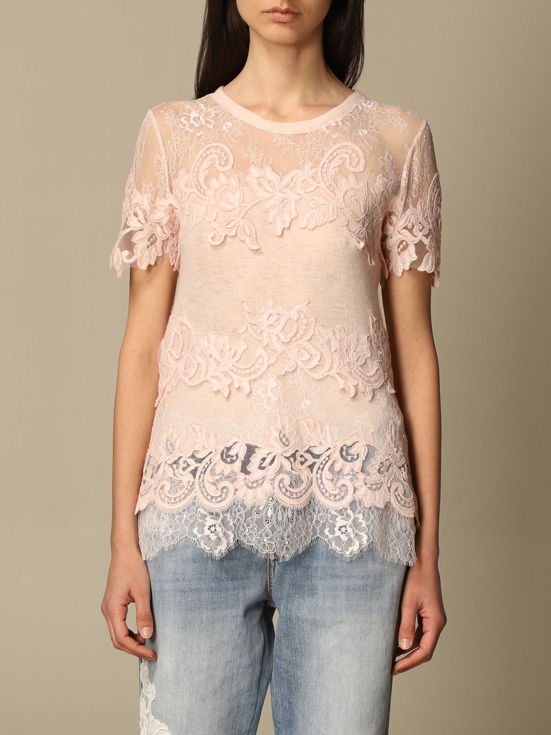 Ermanno Scervino Cotton Sweater With Floral Embroidery In Yellow Cream