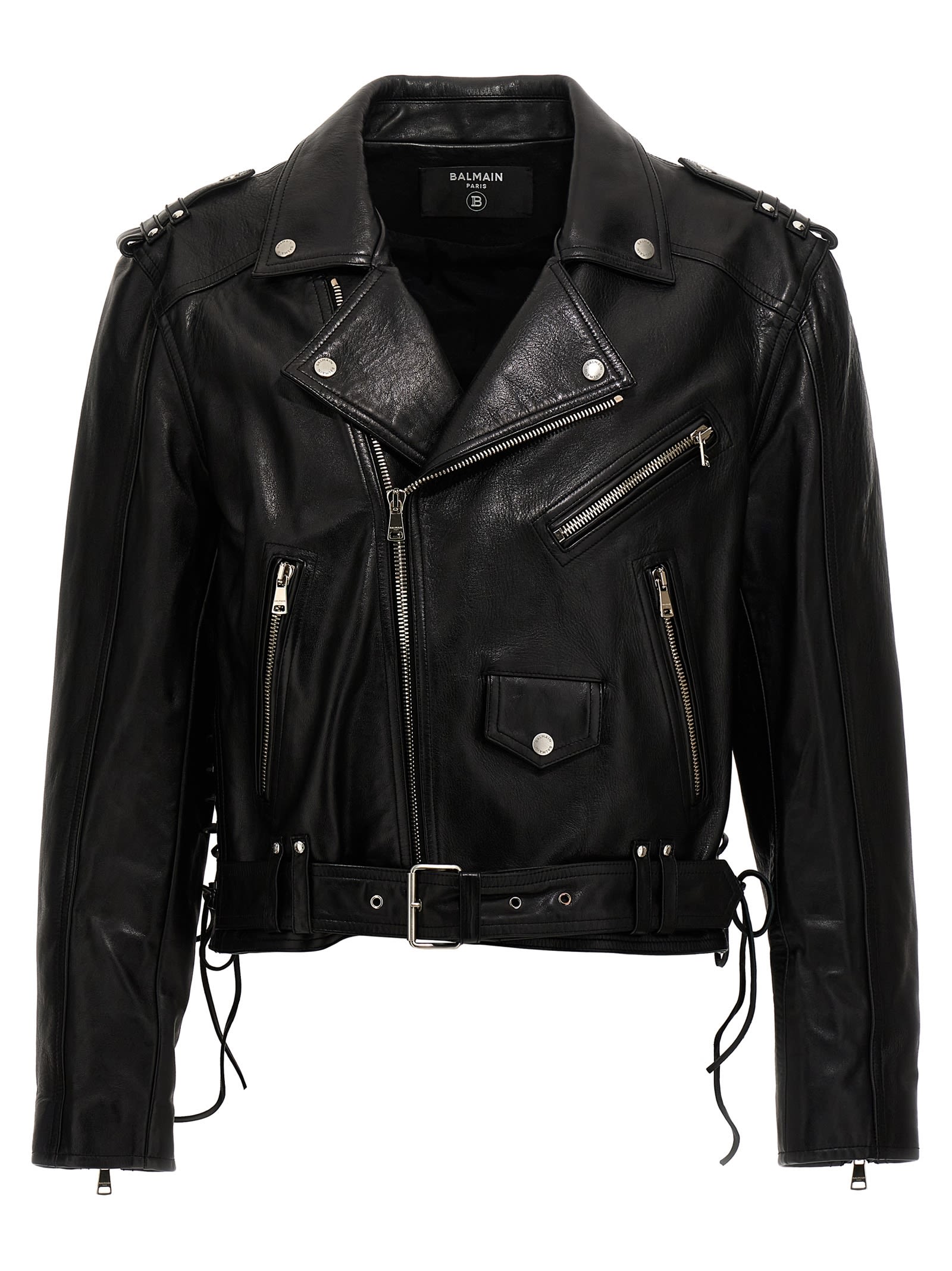 Shop Balmain Leather Biker Jacket In Black