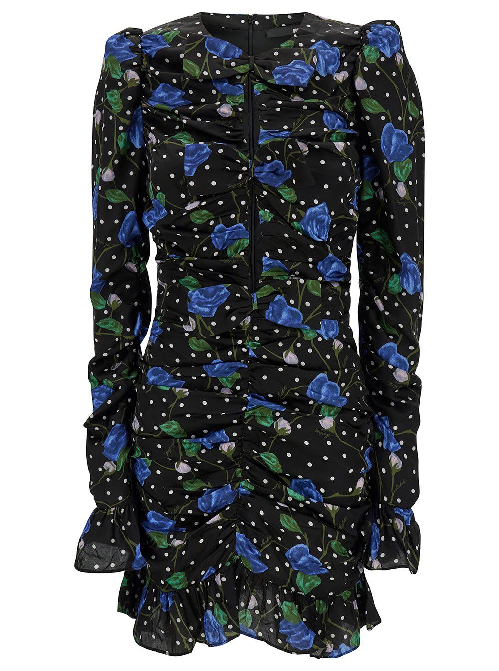 Shop Rotate Birger Christensen Mini Black Dress With Cut-out And Polka-dots And Rose Print In Viscose Woman In Blue