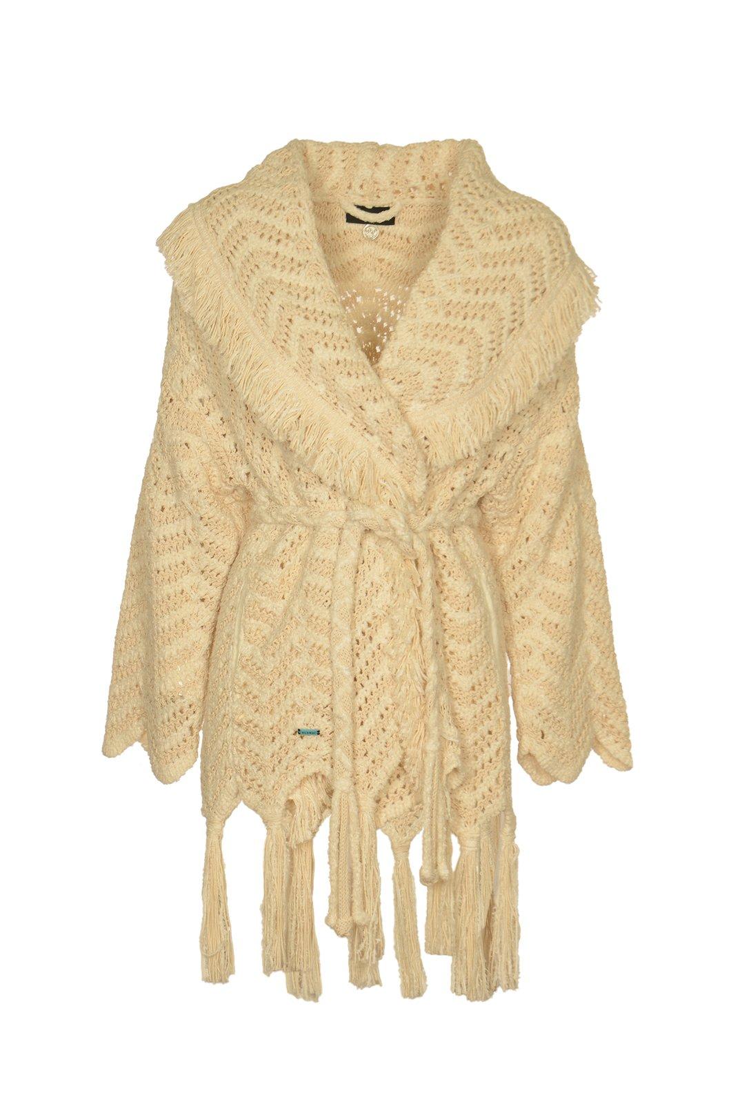 Shop Alanui Belted Waist Fringed Edge Cardigan In Gesso