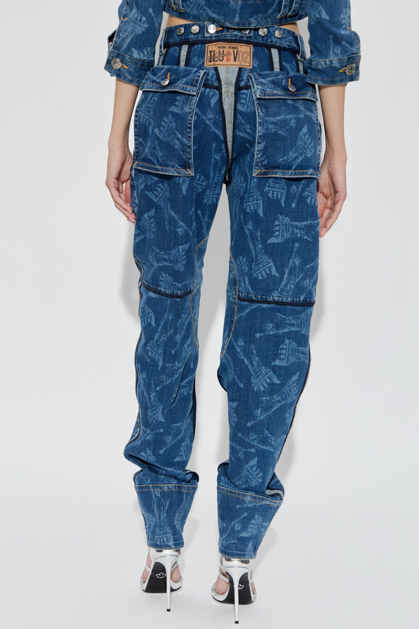 Dsquared2 Vaquera X D2 Statue Of Liberty Cargo Laser Wash Pant In Blue
