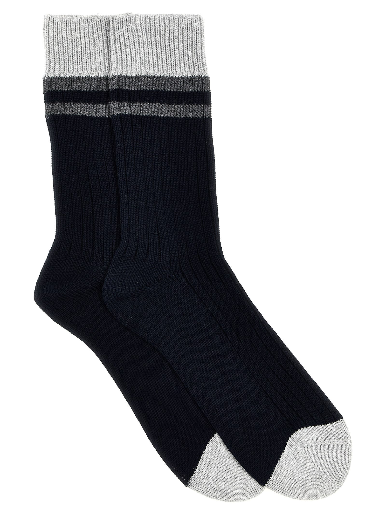 Shop Brunello Cucinelli Striped Cotton Socks In Blue
