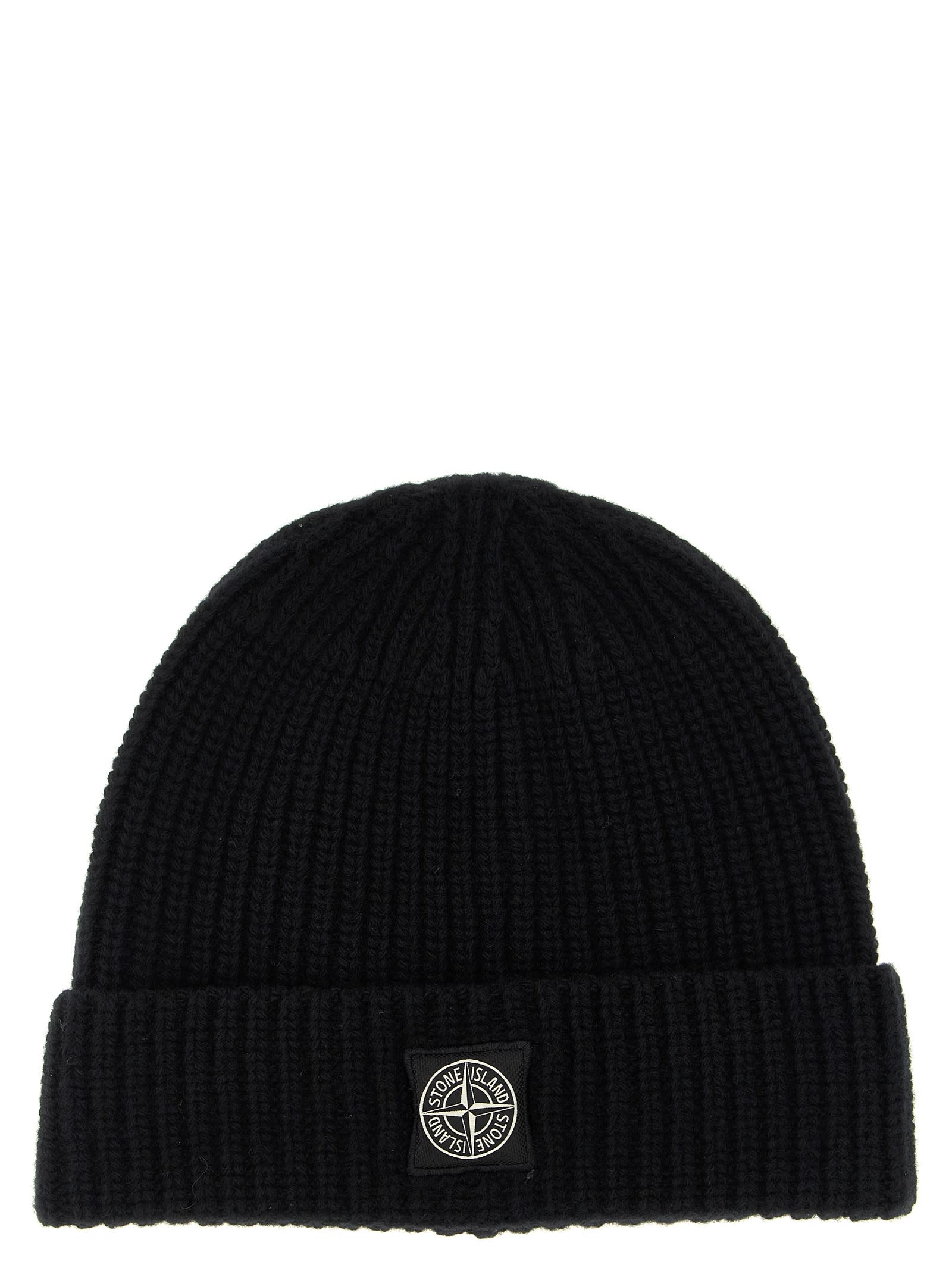 Stone Island Ribbed Knit Beanie With Compass Logo Patch In Black