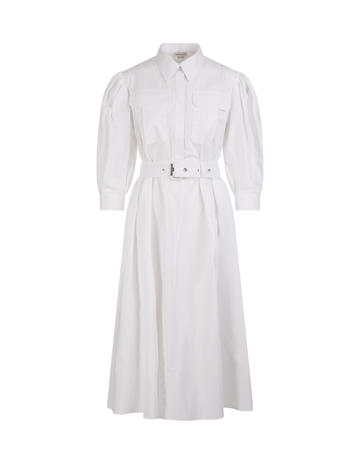Alexander McQueen Midi Shirt Dress In White Cotton Poplin With Belt