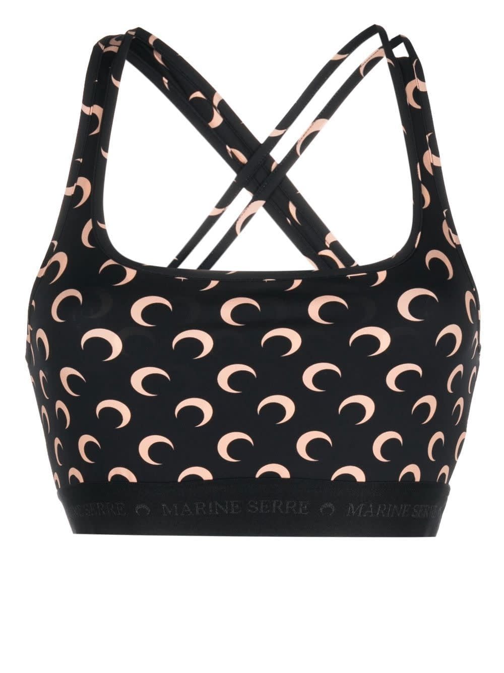 Marine Serre Black Top With All-over Crescent Moon Print In All Over Moon Tan On Black
