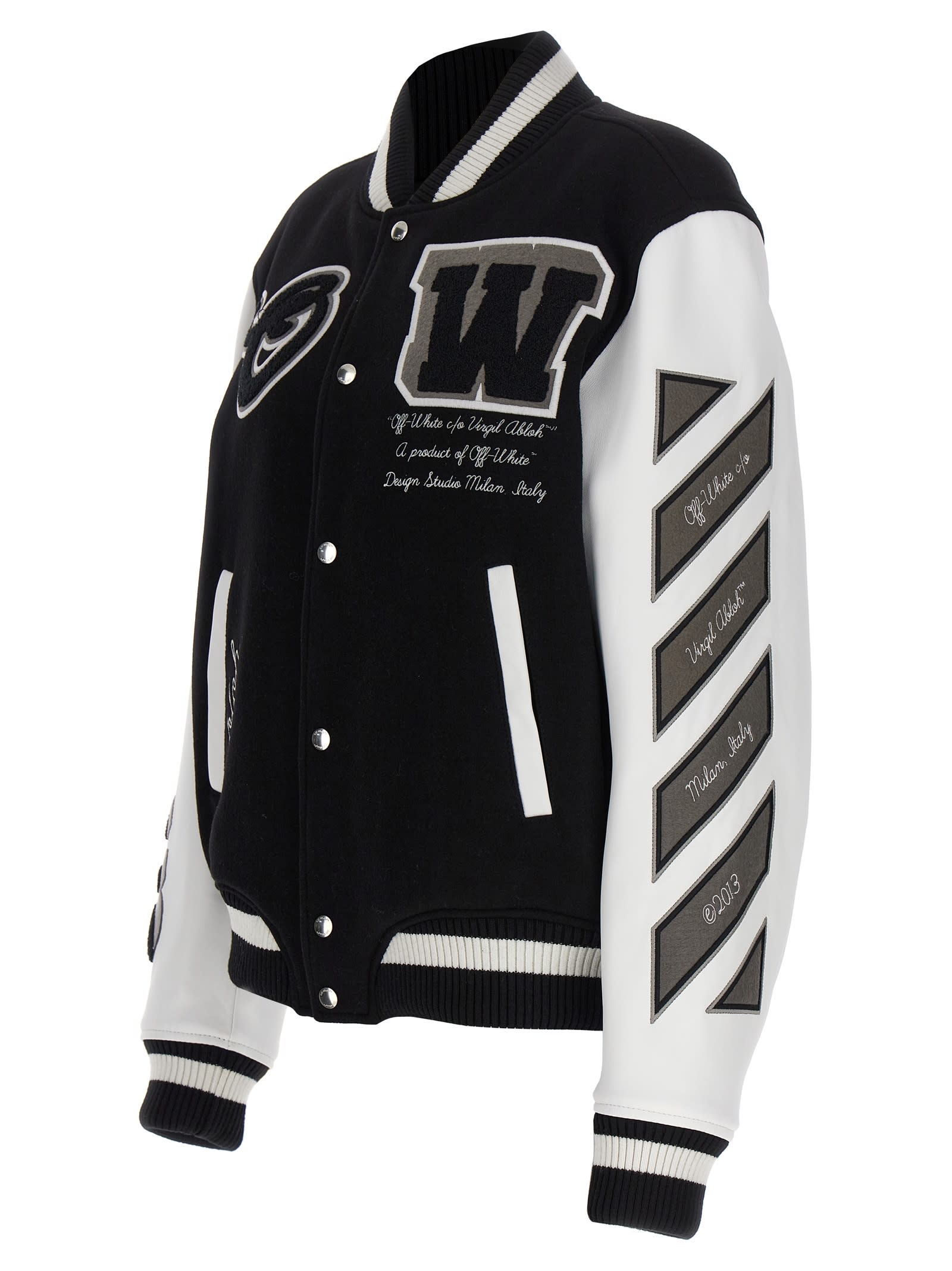 Shop Off-white Lea Wool Varsity Bomber Jacket In White/black