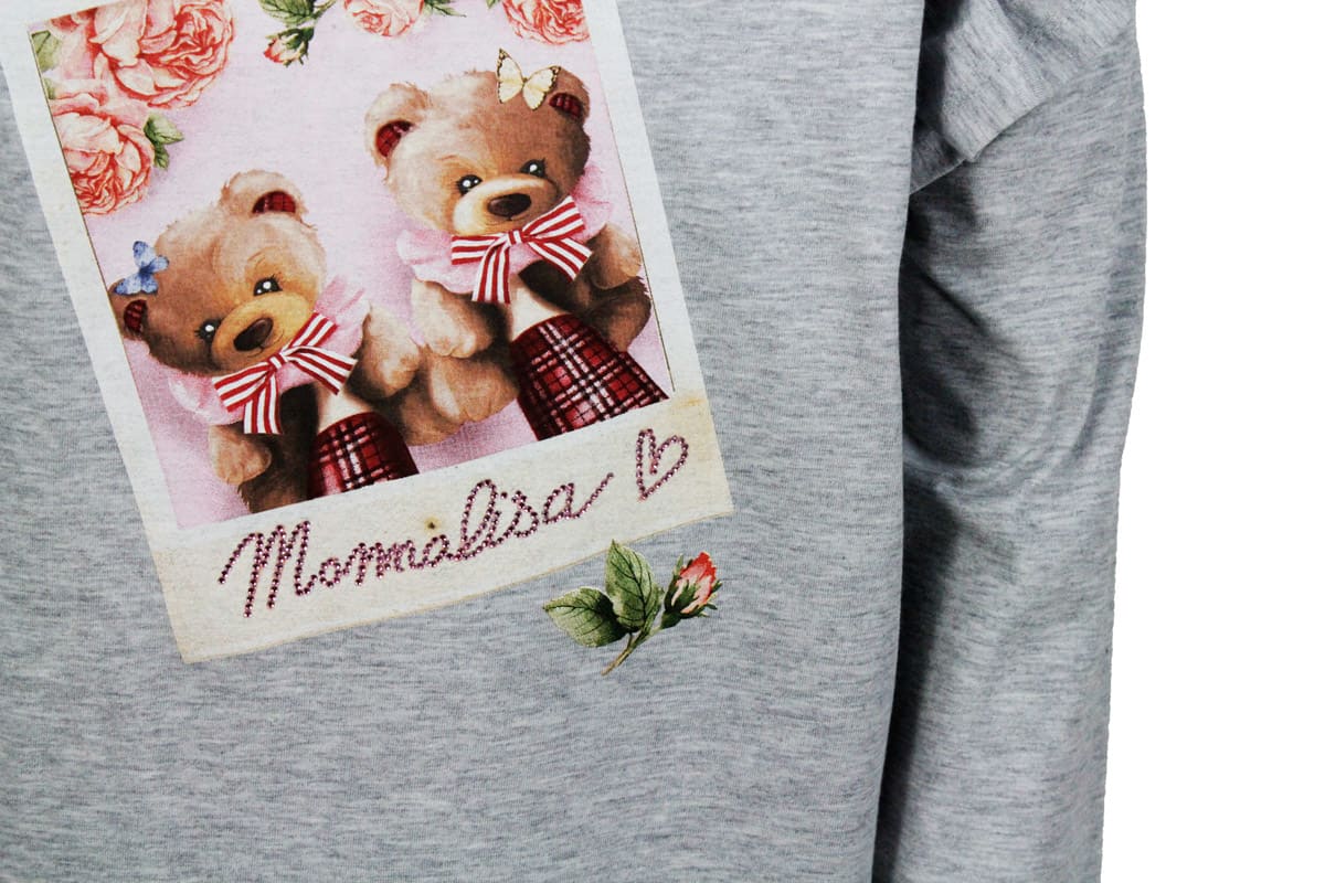 Monnalisa Long-sleeved Round-neck Maxi T-shirt With Teddy Bear Print And Rouches On The Shoulders In Gray