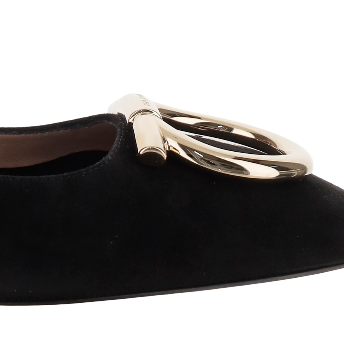 Ferragamo Suede Gancini Heeled Ballerina With Gold Hardware In Black