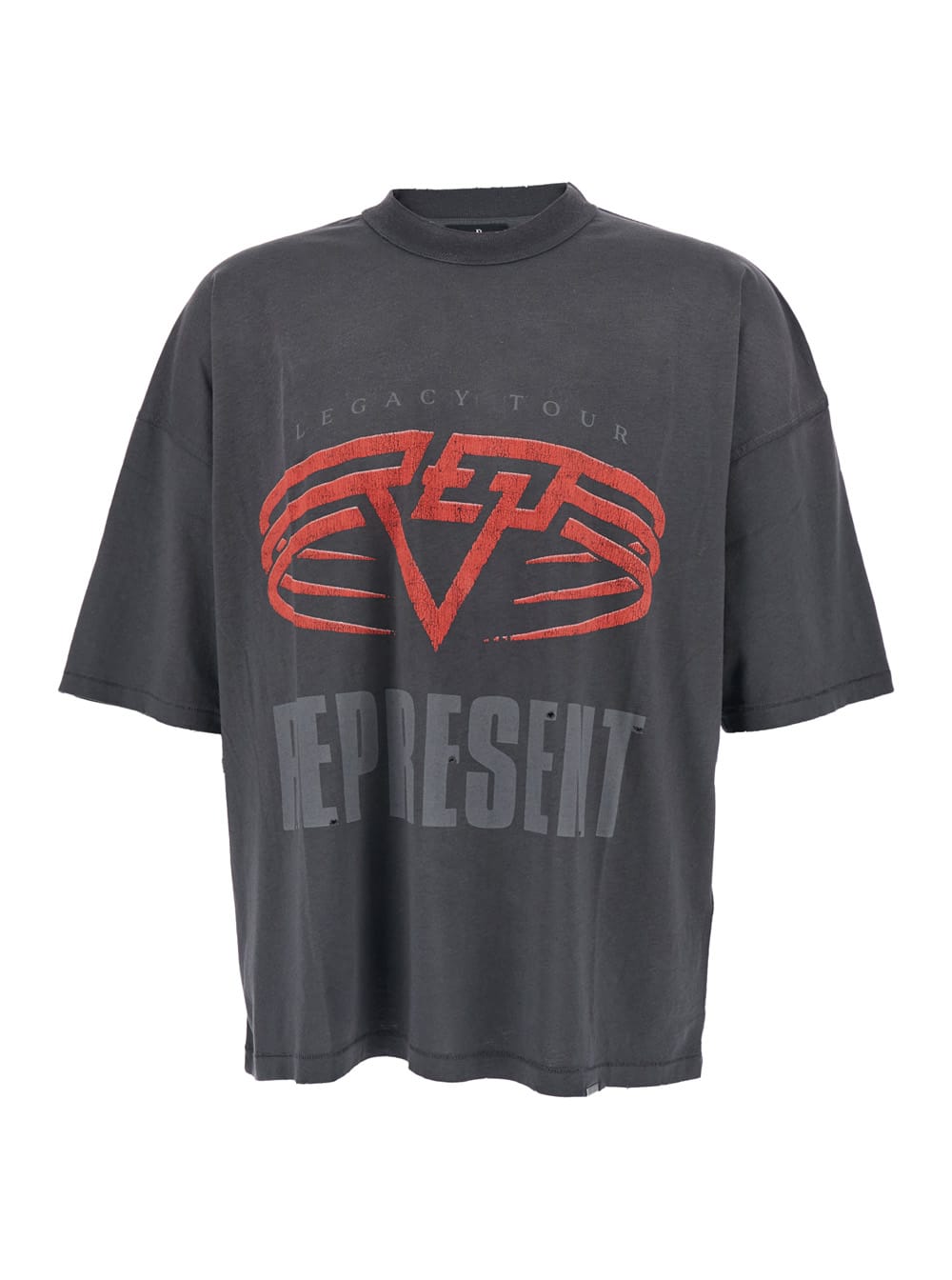 Represent Grey Crewneck T-shirt With Maxi Logo Print On Front And Rear In Cotton Blend Man In Black