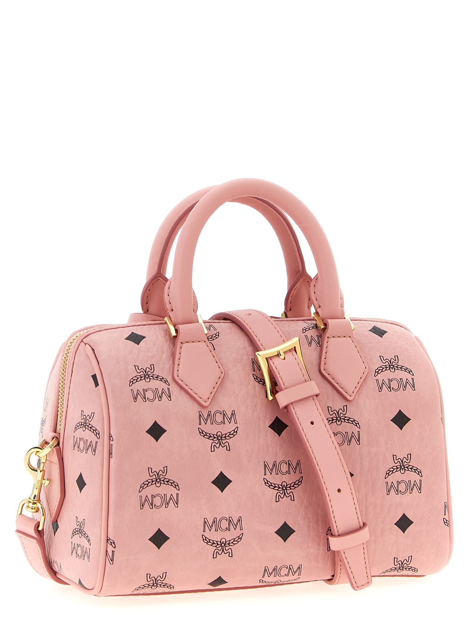 Mcm Structured Top Handle Handbag With Detachable Strap In Pink