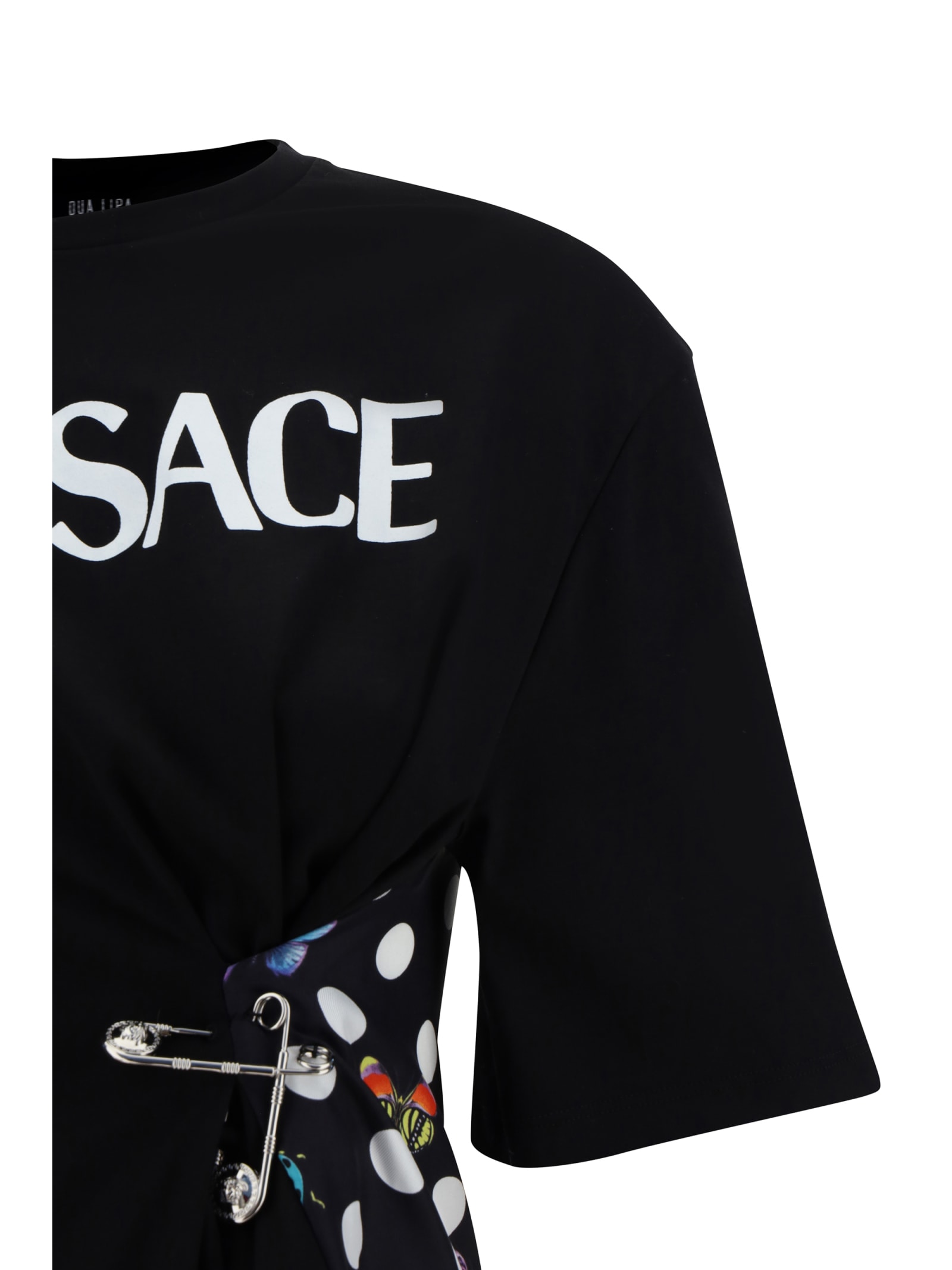 Versace Pin-tucked Jersey T-shirt With Silk Printed Back In Nero+multicolor
