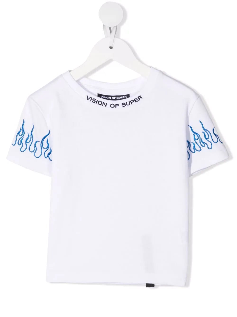 Vision of Super Unisex Kid White T-shirt With Embroidered Blue Flames