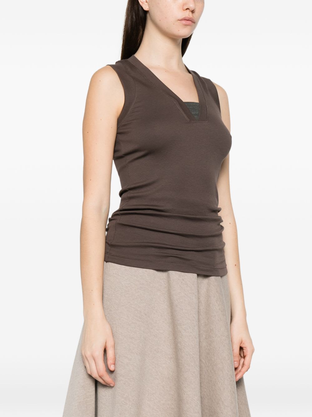 Brunello Cucinelli Cotton Tank V Neck Stretch Ribbed Top In Brown
